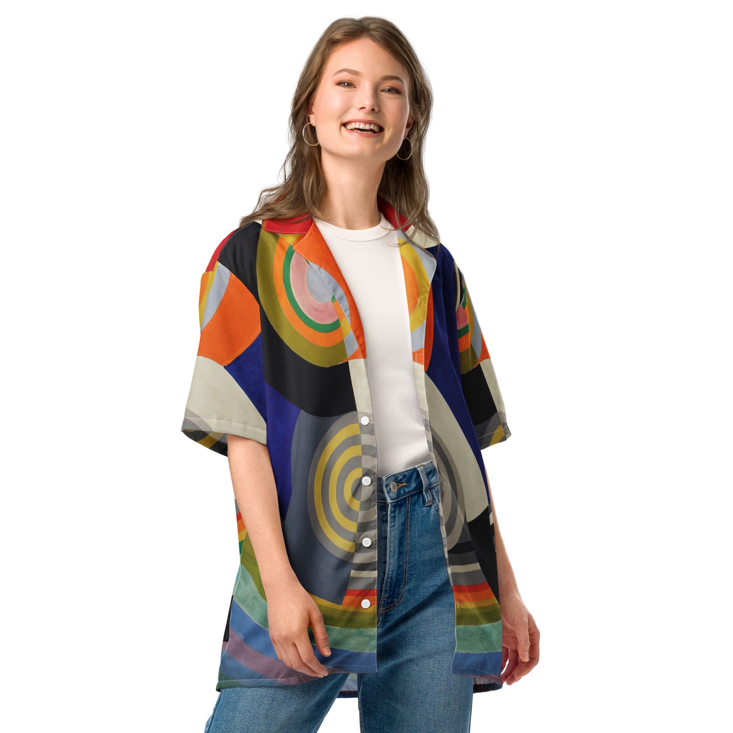Model 1 - Delauney Rythme Unisex Button Shirt – Dynamic Patterned Art