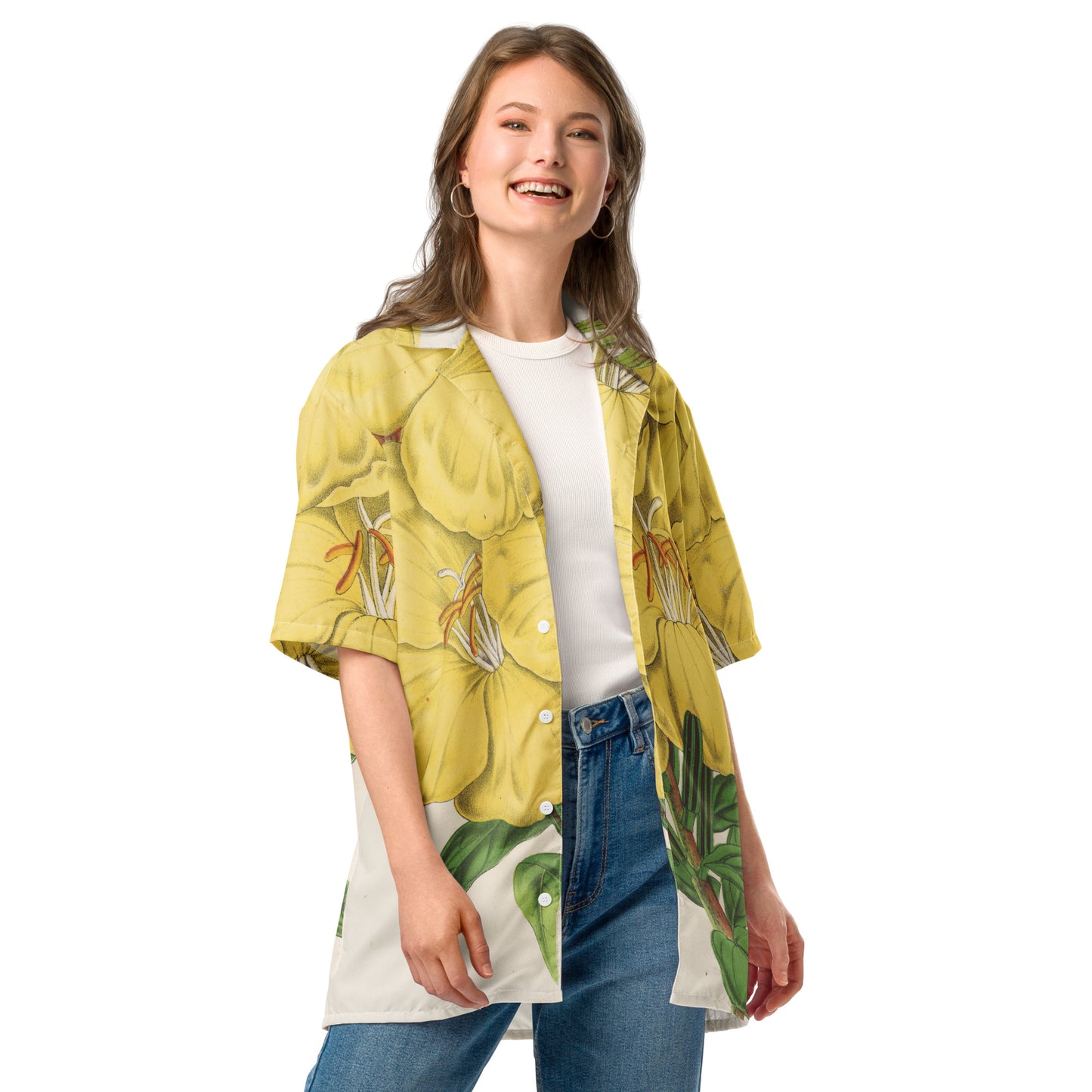 Model 1 - Floral Masterpiece Button Shirt – Unisex Wear for Art Enthusiasts