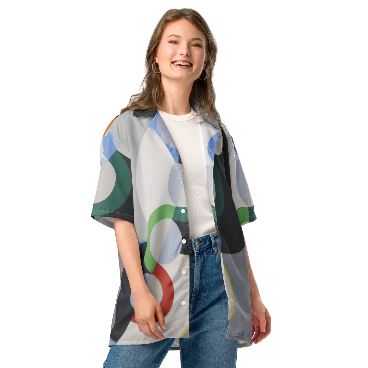 Model 1 - Delaunay Rhythm Unisex Button Shirt – Modern Art Meets Style