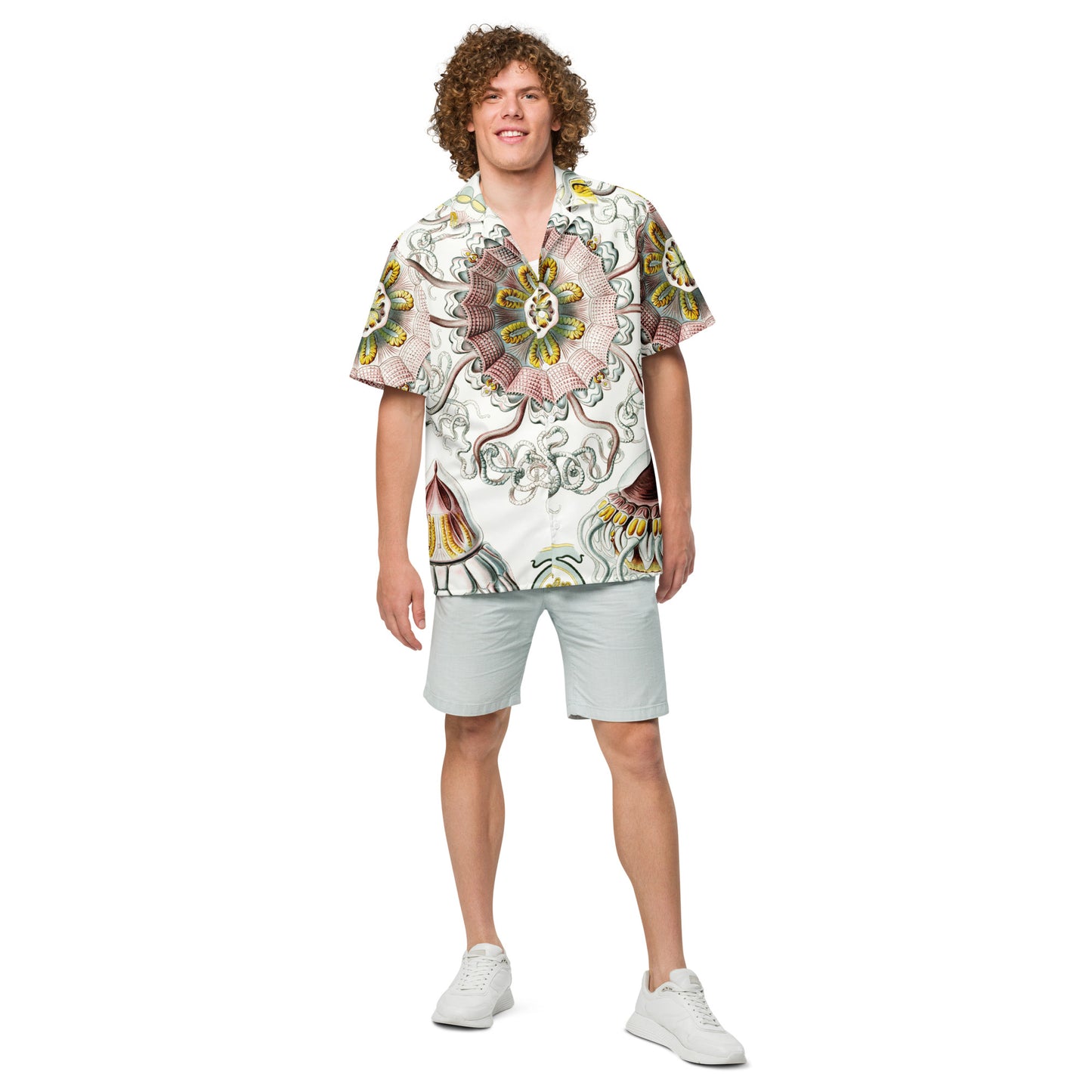 Model 2 -Haeckel Sea Fish Unisex Button Shirt – Aquatic Art & Modern Vibe