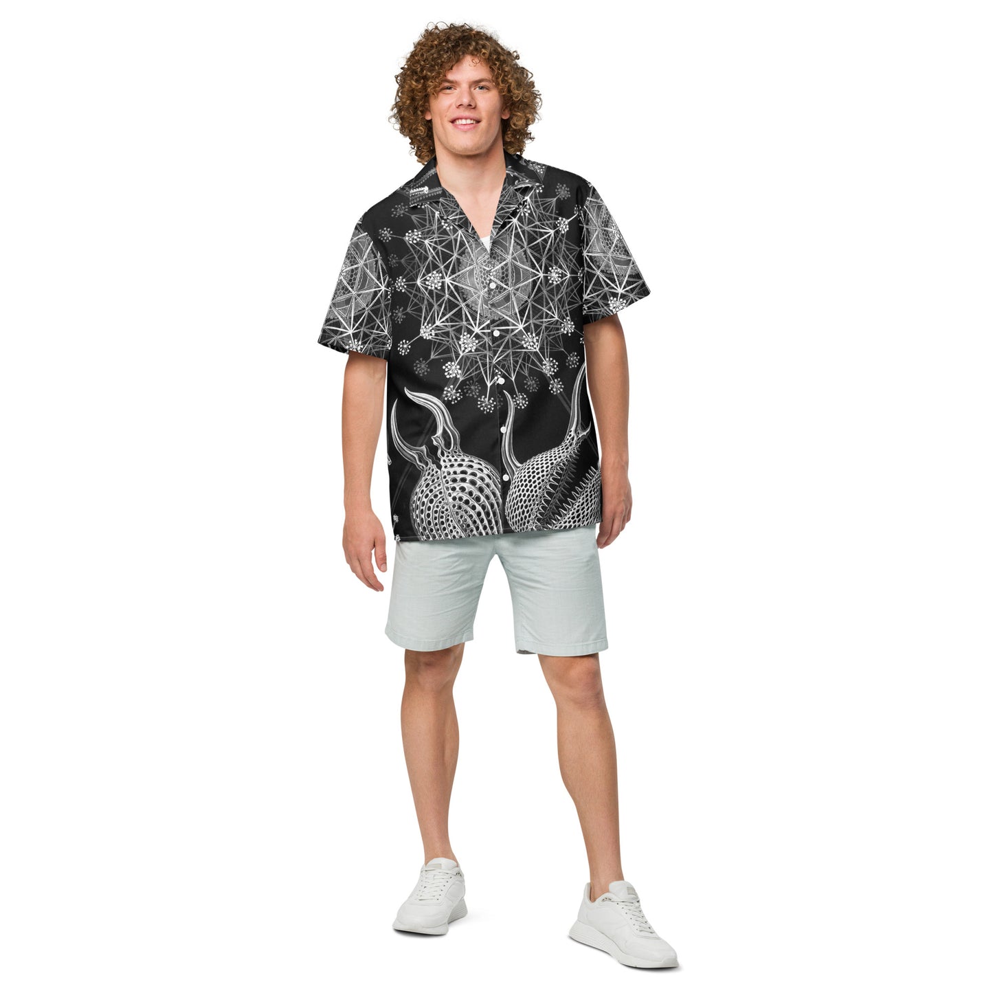 Model 2 - Haeckel Sea Unisex Button Shirt – Oceanic Art for Trendsetters