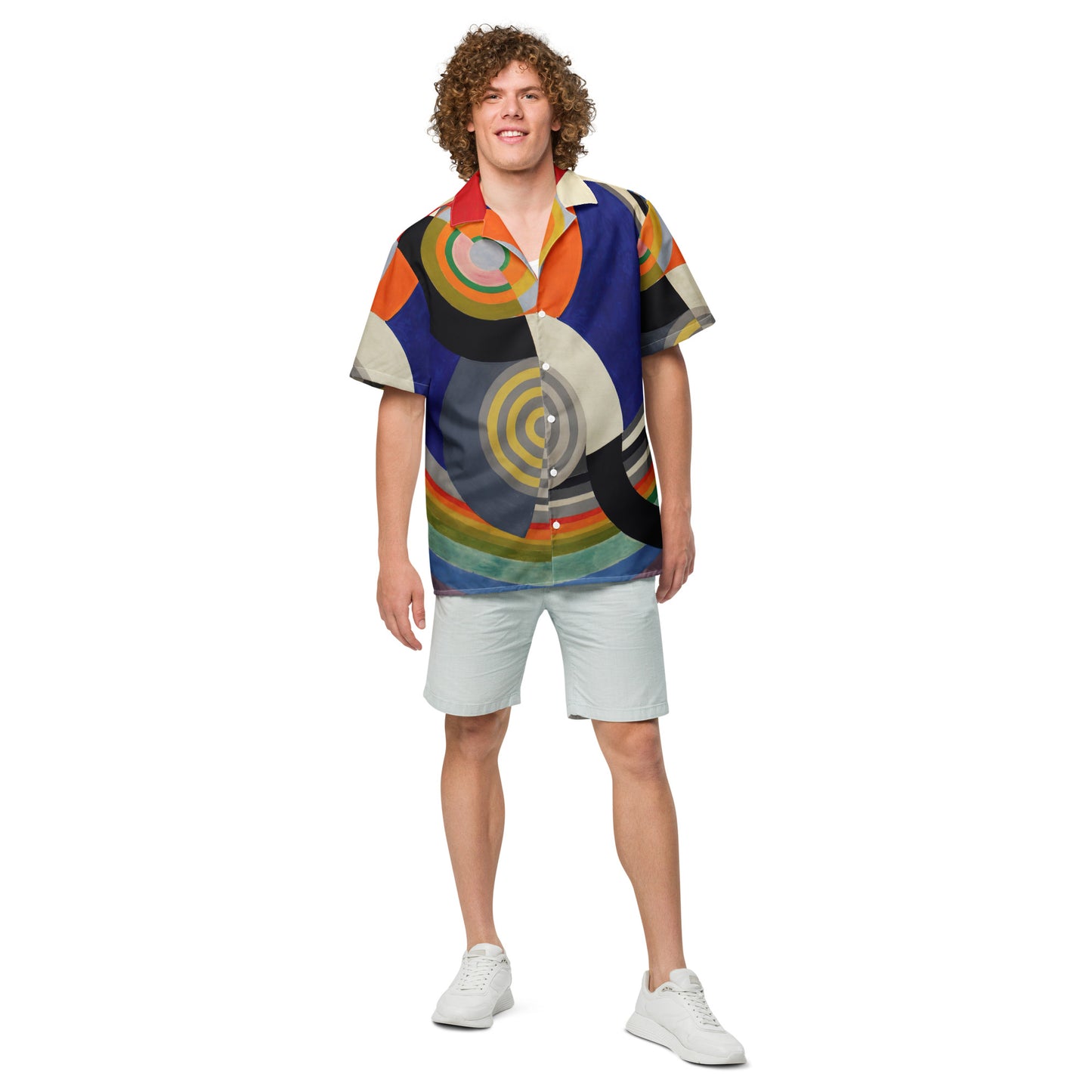 Model 2 - Delauney Rythme Unisex Button Shirt – Dynamic Patterned Art