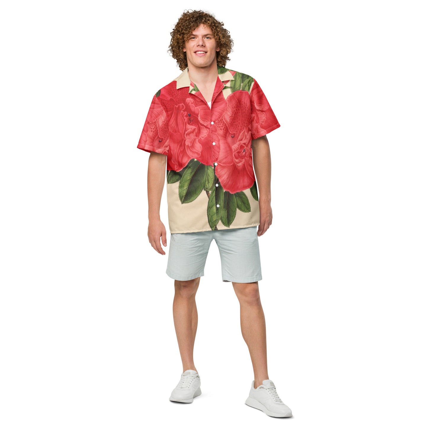 Model 2 - Flower Azalea Unisex Button Shirt – Wear Art, Masterpiece Fashion