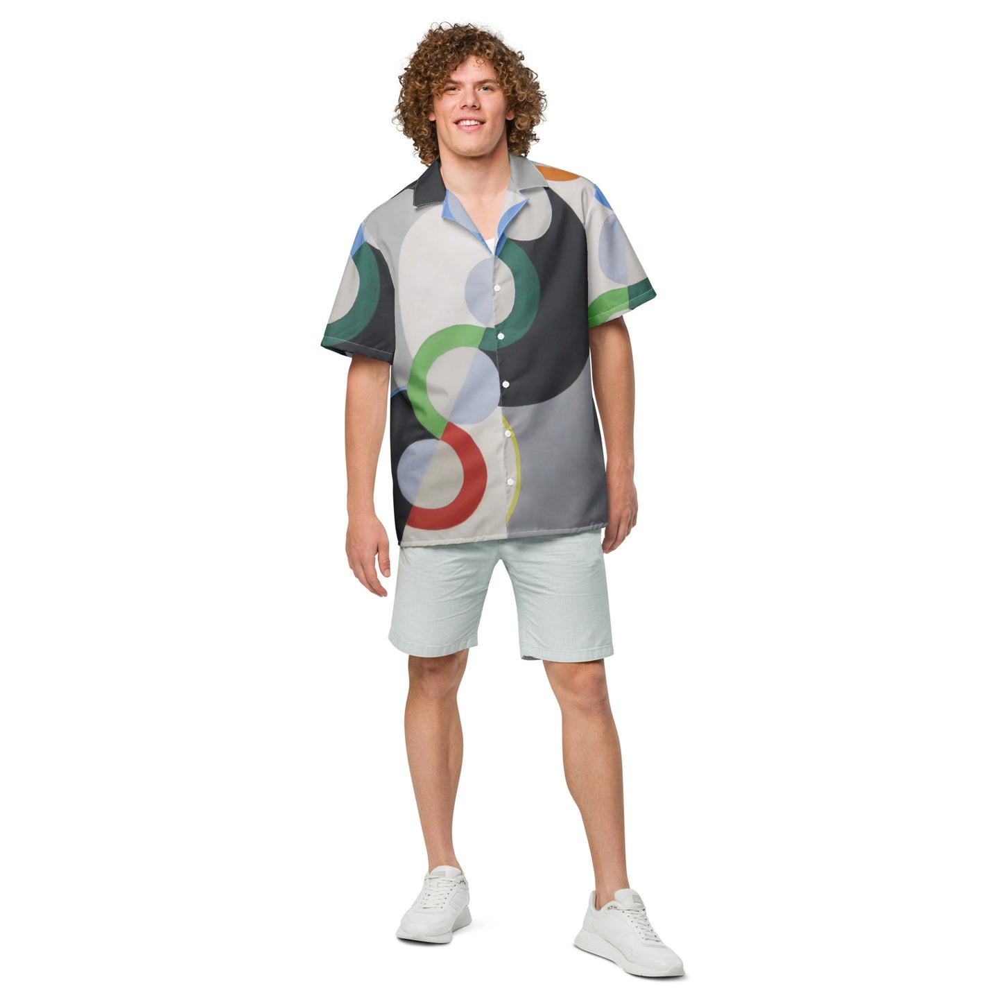 Model 2 - Delaunay Rhythm Unisex Button Shirt – Modern Art Meets Style