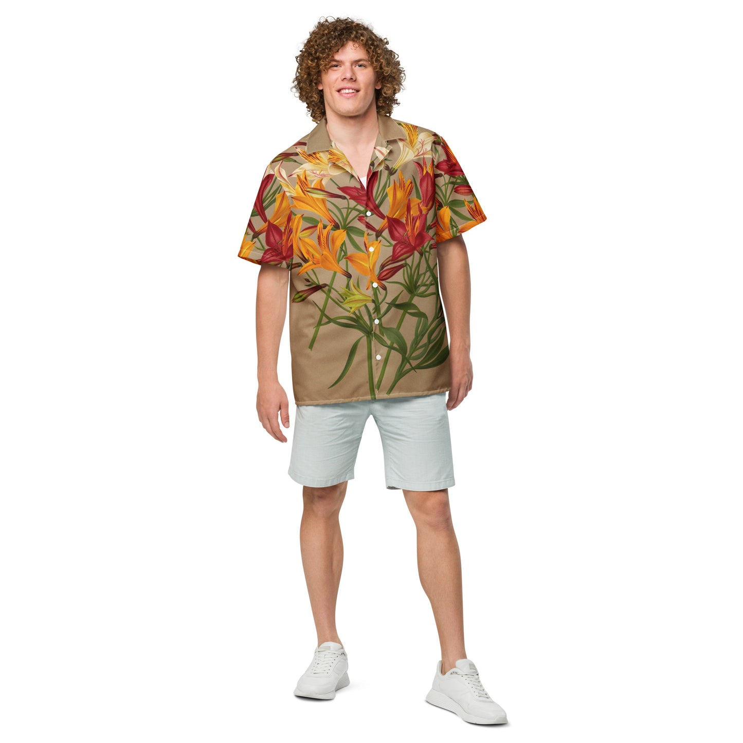 Model 2 - Alstroemeria Unisex Button Shirt – Art-Inspired Statement Wear