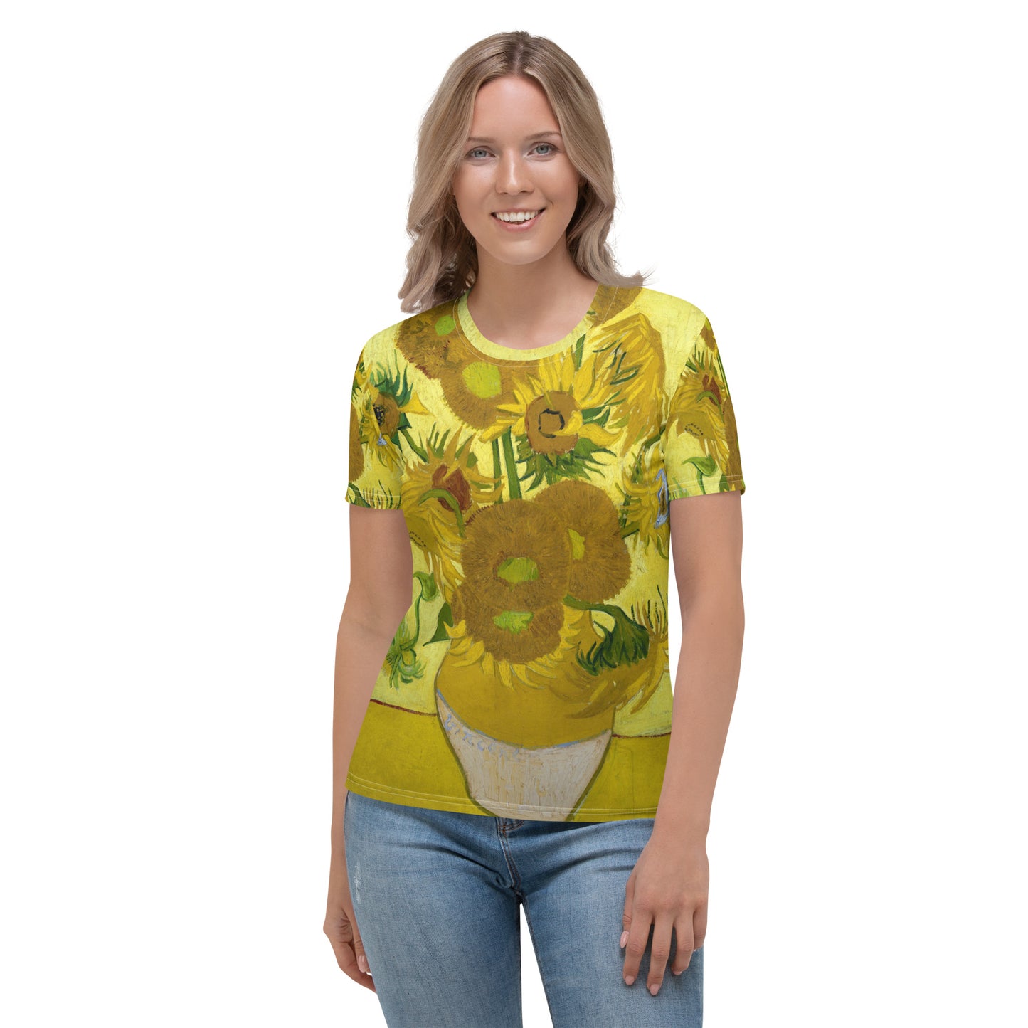 Model 2 - Vincent van Gogh Women's T-Shirt – Golden Petals in Motion