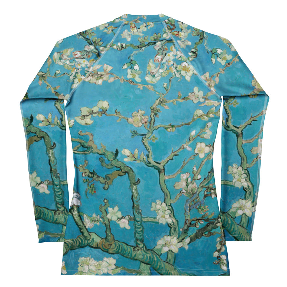 Back View - Van Gogh Almond Blossom Women’s Rash Guard – Artistic Floral Elegance