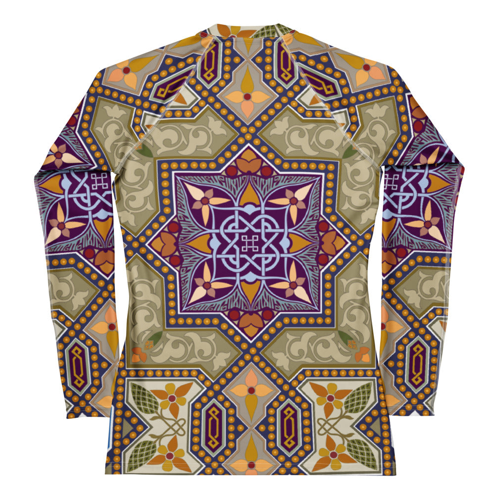 Back view - Women's Rash Guard – Islamic Art, Arabesque Geometrical Pattern