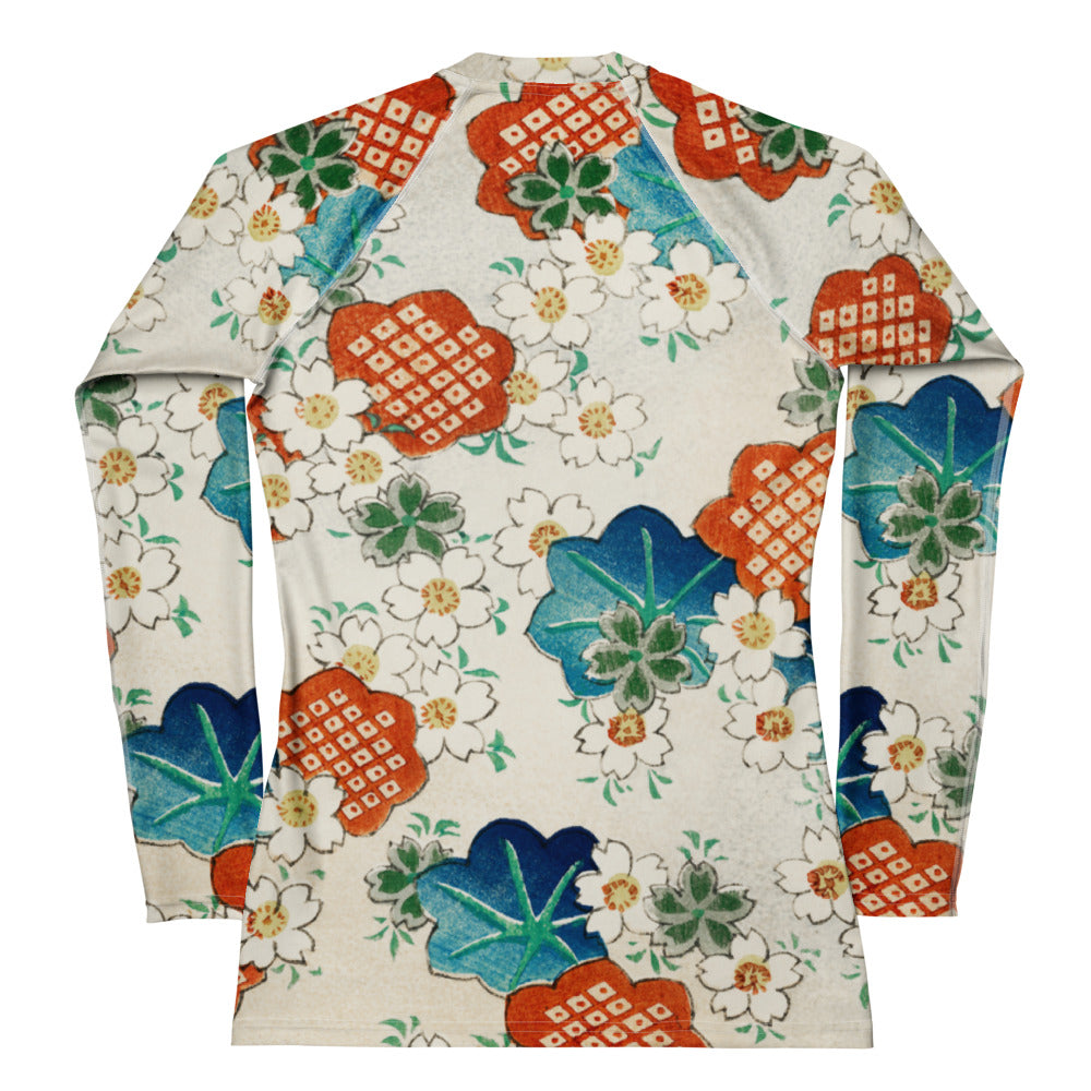 Back View - Watanabe Seitei Floral Pattern Women's Rash Guard – Japanese Art-Inspired Fashion