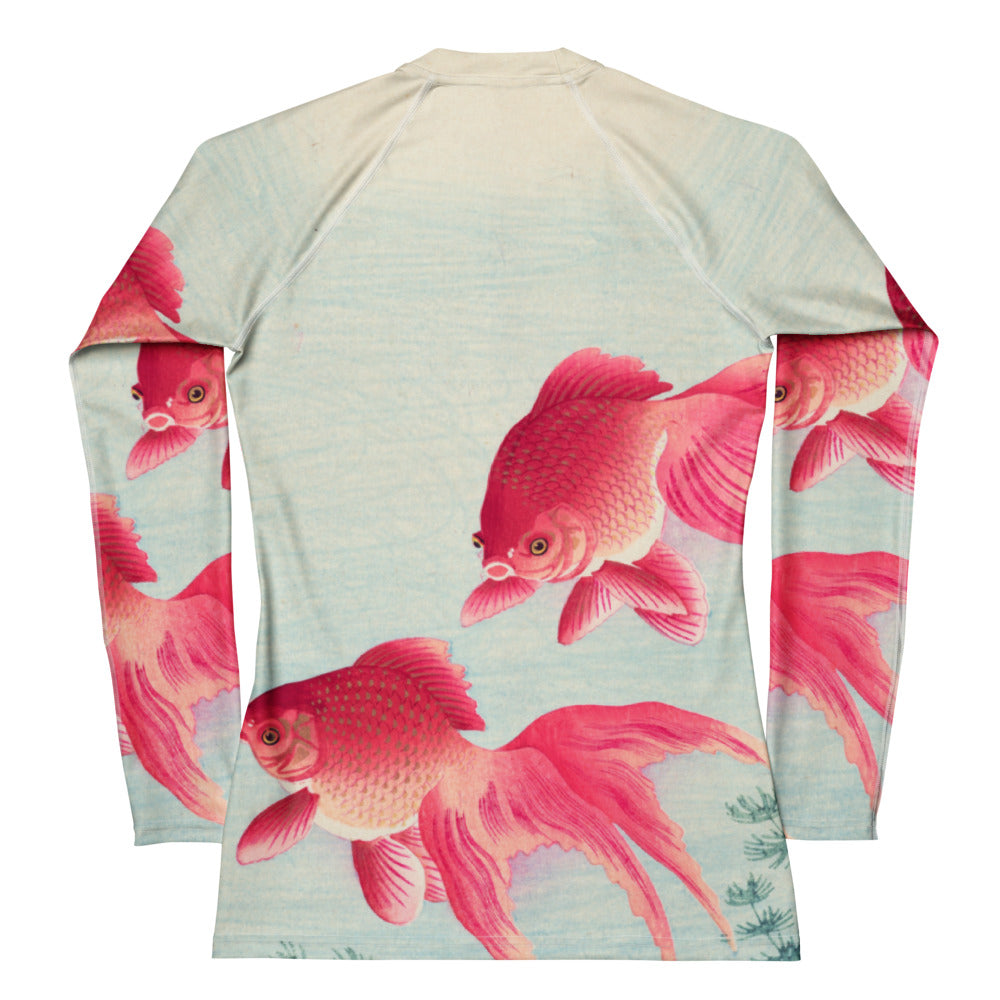 Back View - Ohara Koson Women's Rash Guard – Graceful Goldfish in Motion