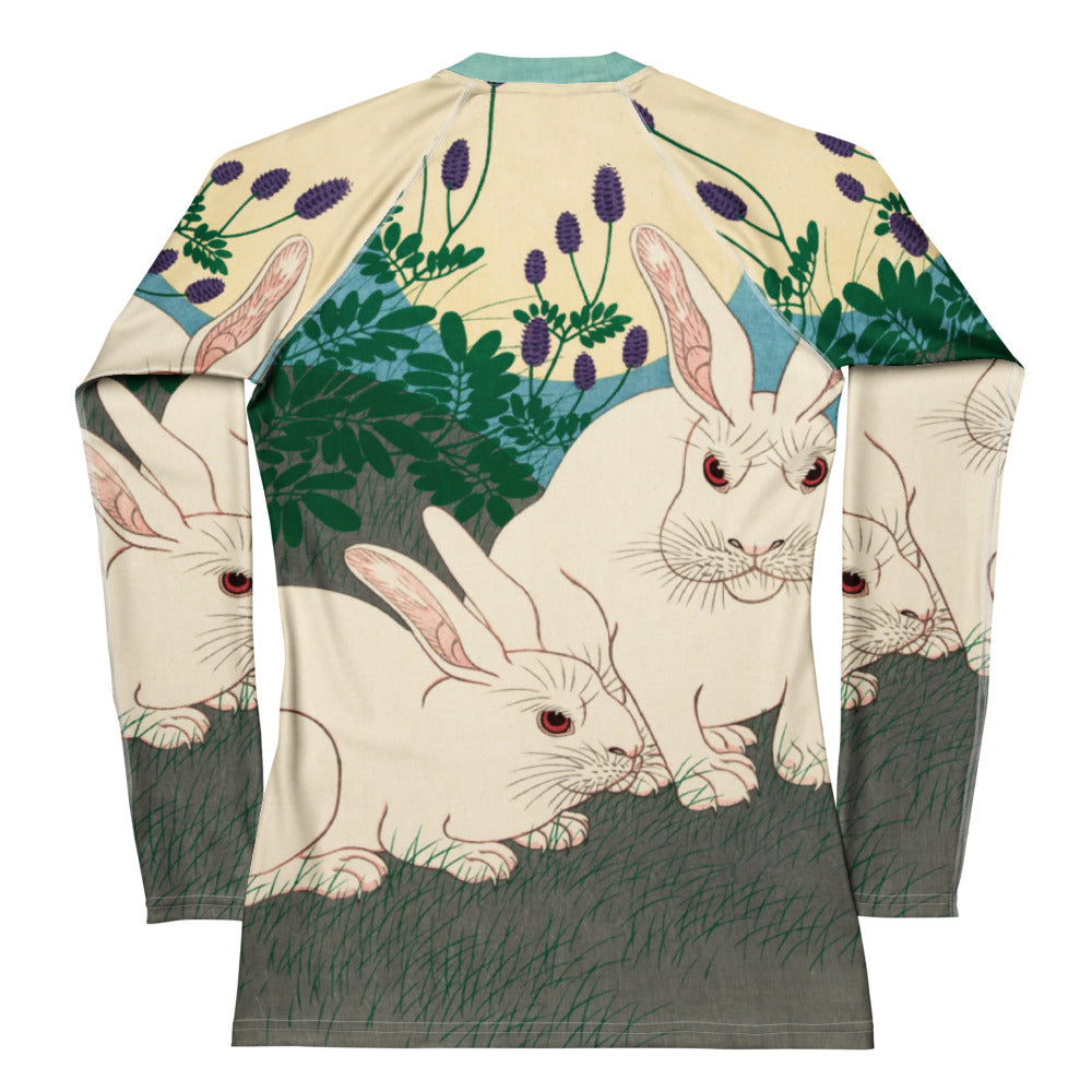 Back View - Ohara Koson Women's Rash Guard – Moonlit Rabbits in Motion