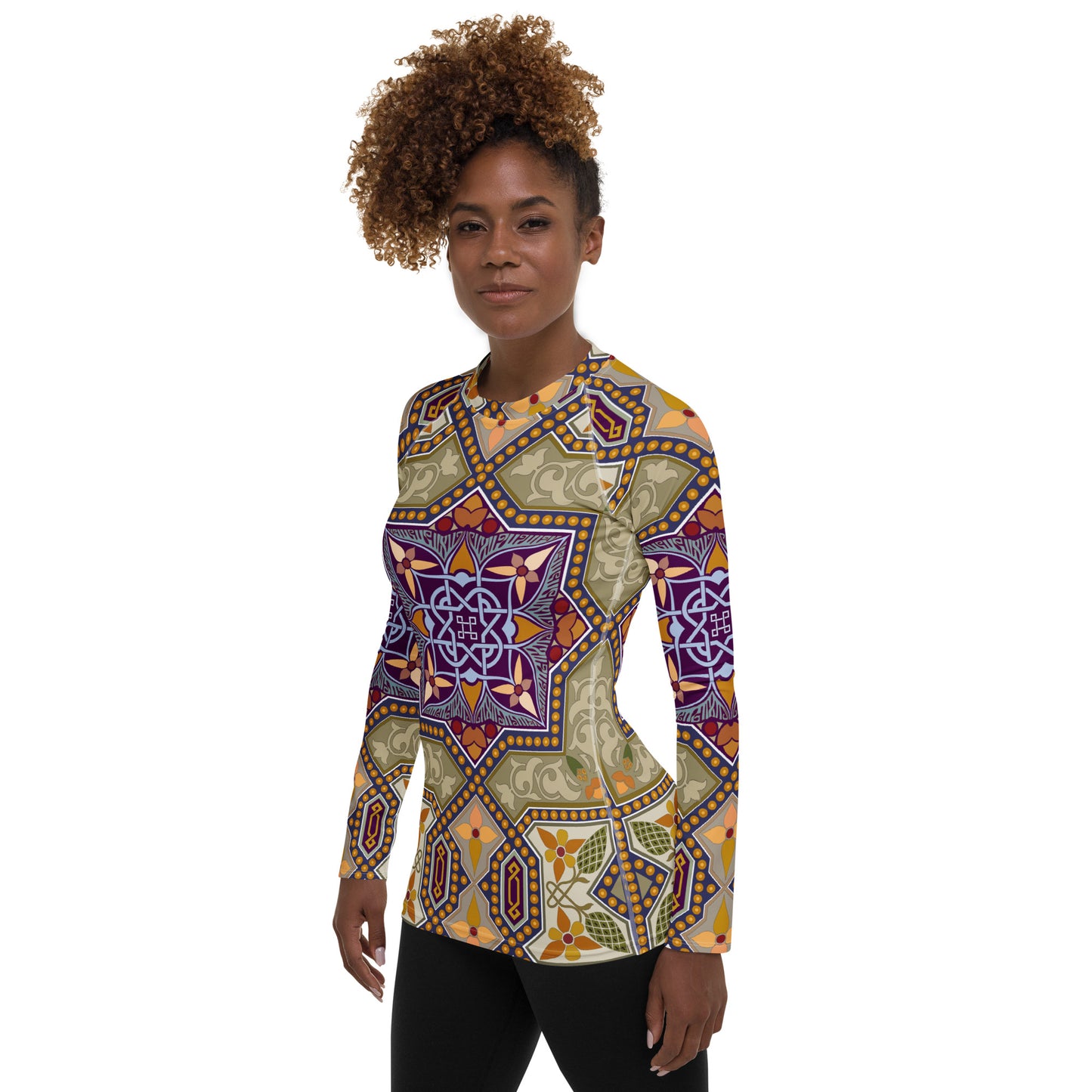 Model 2 - Women's Rash Guard – Islamic Art, Arabesque Geometrical Pattern
