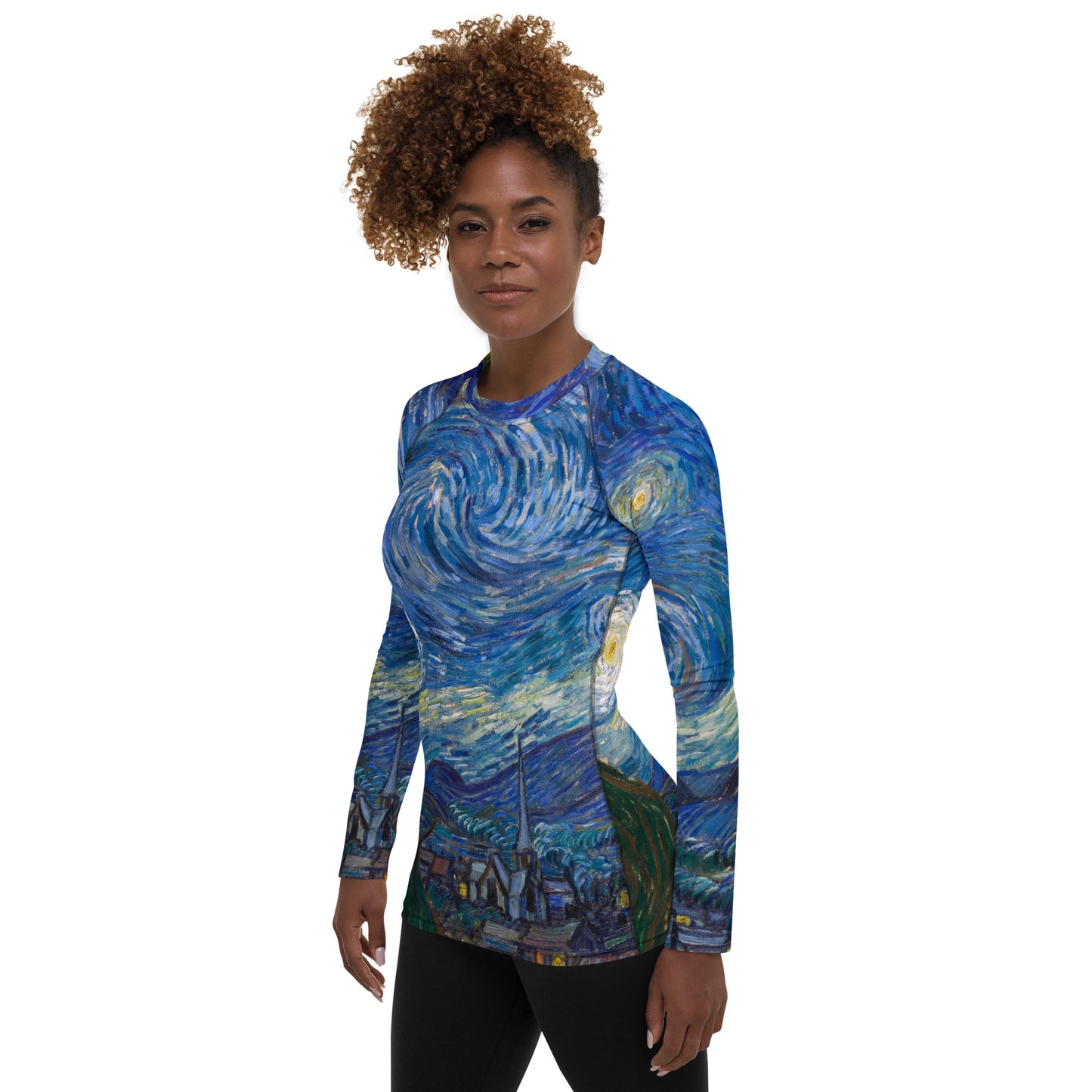 Model 2 - Vincent van Gogh Women's Rash Guard – Art-Inspired Fashion for All