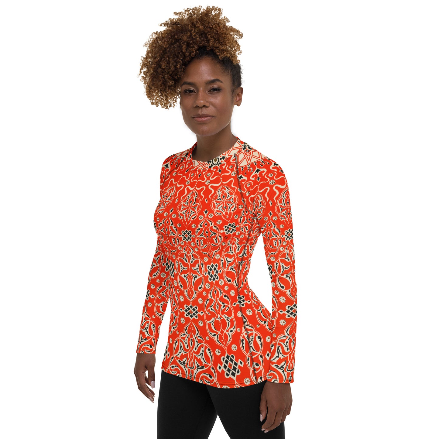 Model 2 - Owen Jones Turkish Ornament Women's Rash Guard – Intricate Art-Inspired Fashion