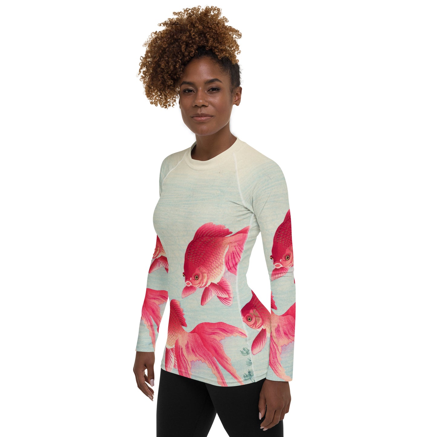 Model 2 - Ohara Koson Women's Rash Guard – Graceful Goldfish in Motion