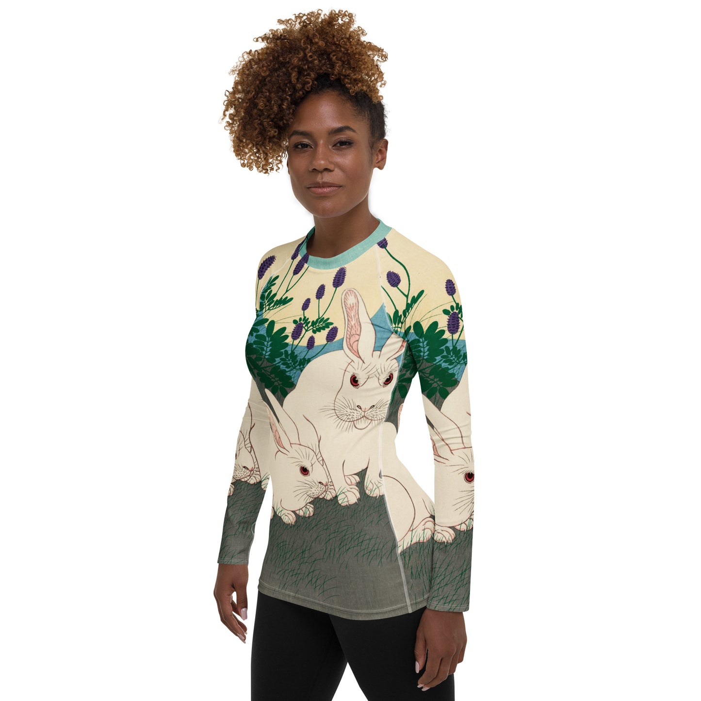 Model 2 - Ohara Koson Women's Rash Guard – Moonlit Rabbits in Motion