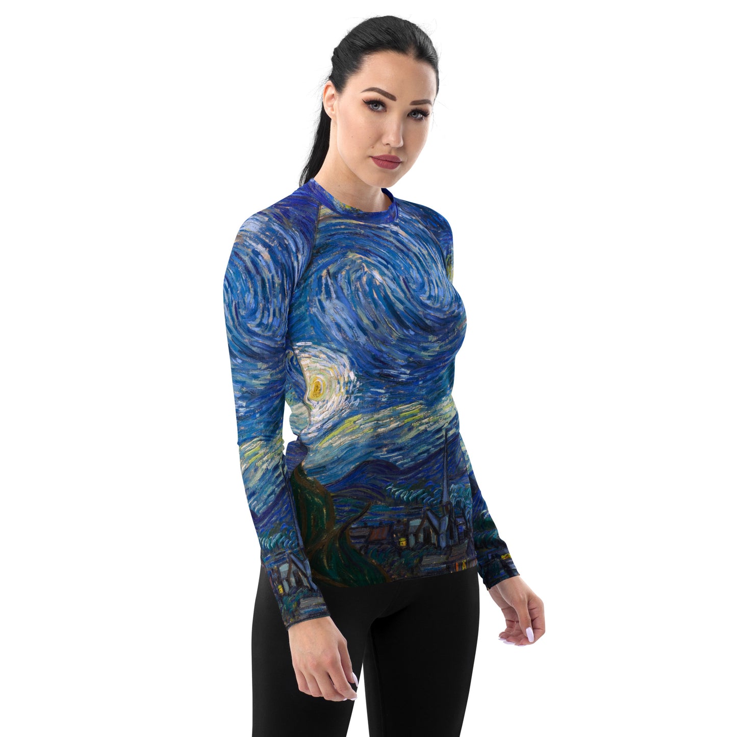 Model 1 - Vincent van Gogh Women's Rash Guard – Art-Inspired Fashion for All