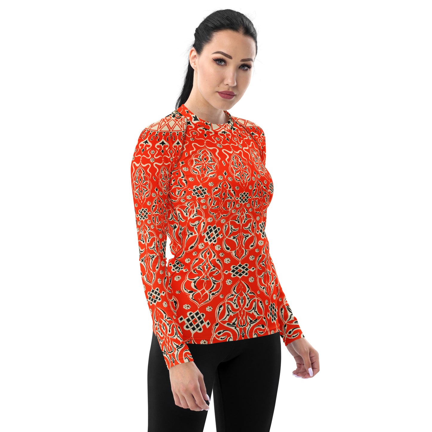 Model 1 - Owen Jones Turkish Ornament Women's Rash Guard – Intricate Art-Inspired Fashion