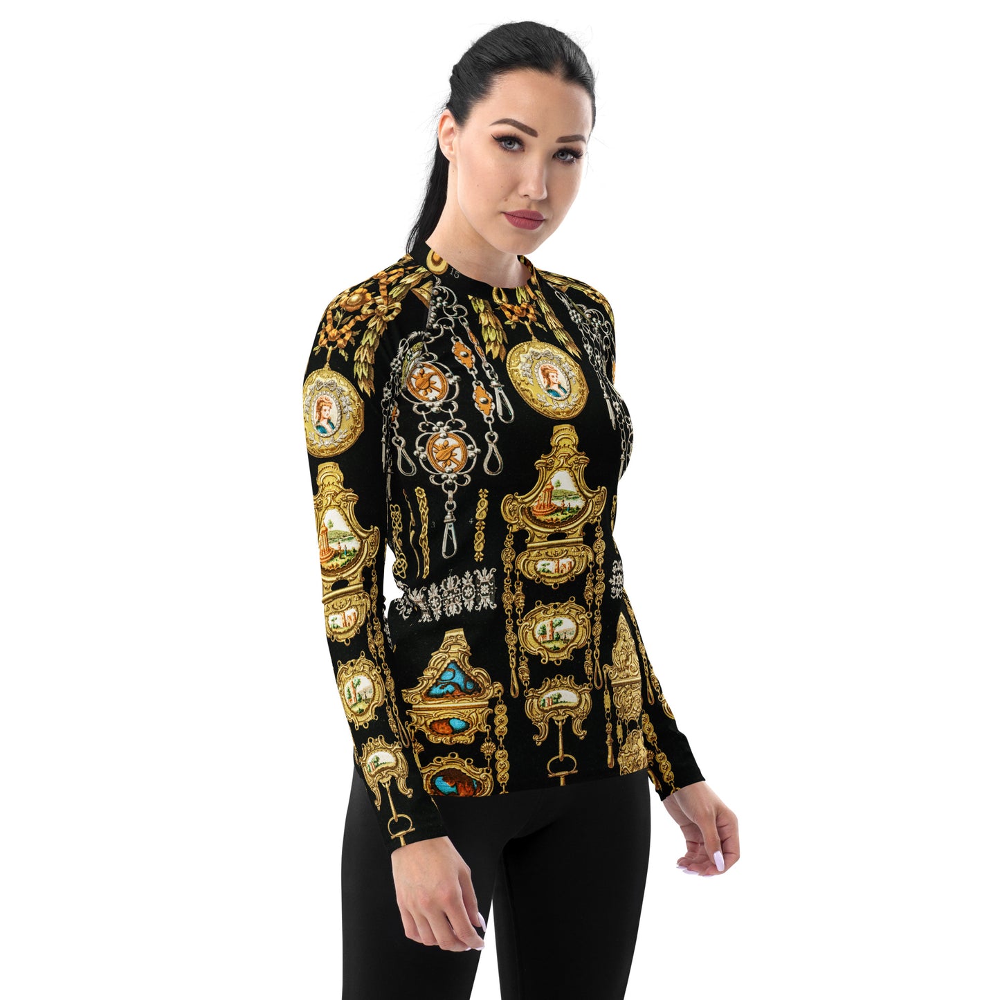 Model 1 - Albert Racinet Women's Rash Guard – Baroque Elegance in Motion
