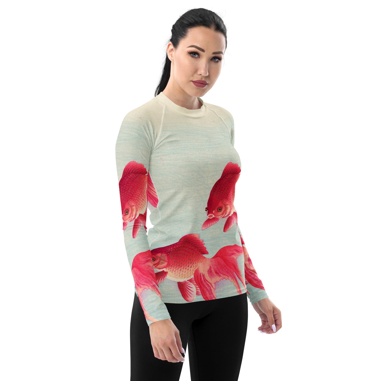 Model 1 - Ohara Koson Women's Rash Guard – Graceful Goldfish in Motion