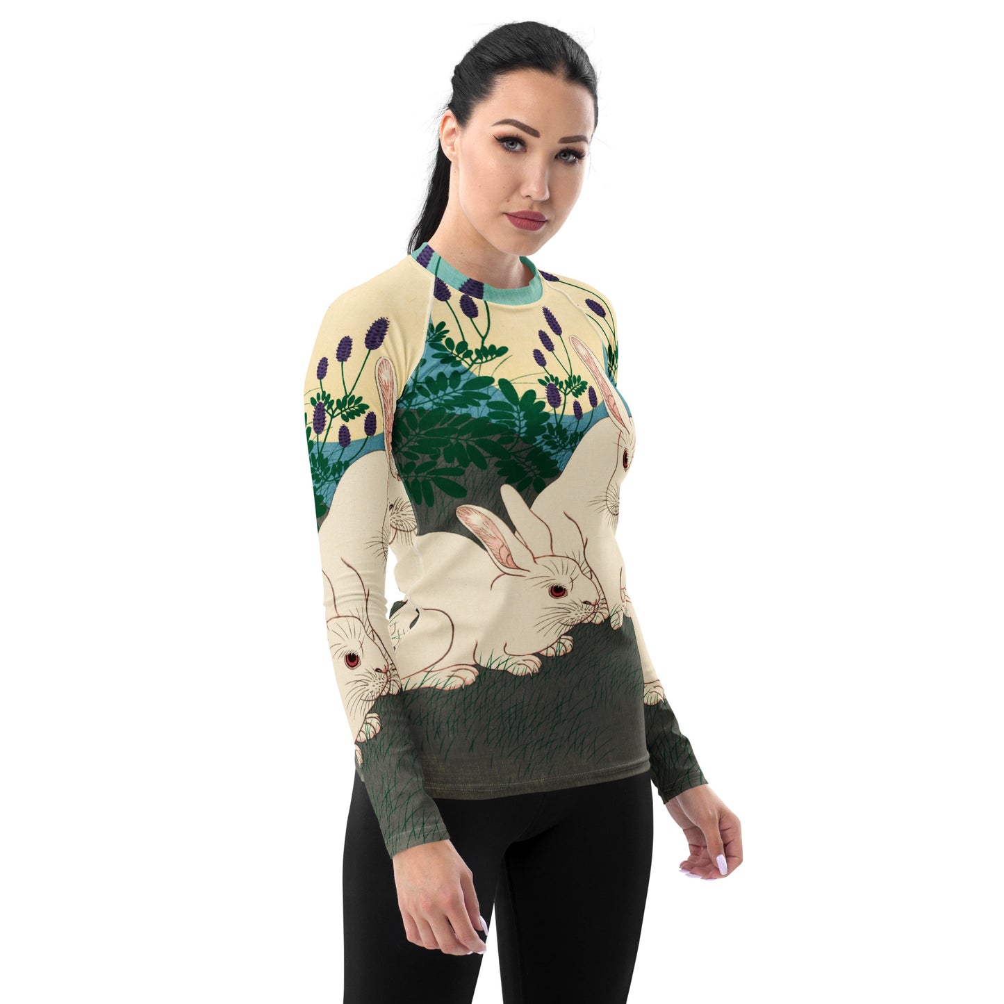 Model 1 - Ohara Koson Women's Rash Guard – Moonlit Rabbits in Motion