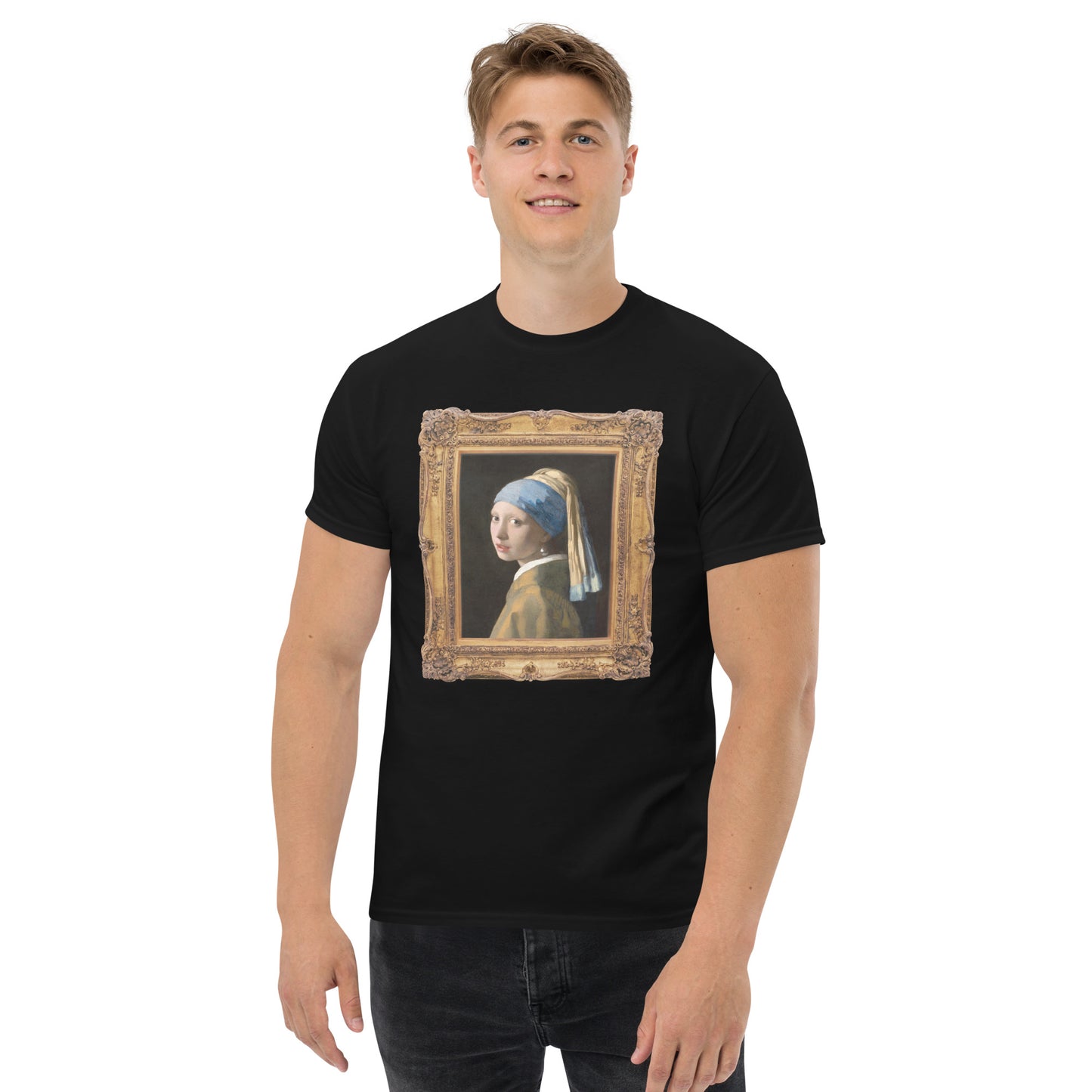 Model 2 - Vermeer Girl Earring Men's Classic Tee – Timeless Beauty, Modern Edge