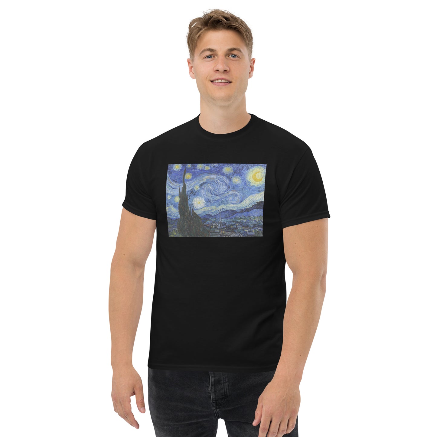 Model 2 - Van Gogh Starry Men's Classic Tee – Dreamlike Motion, Artistic Spirit
