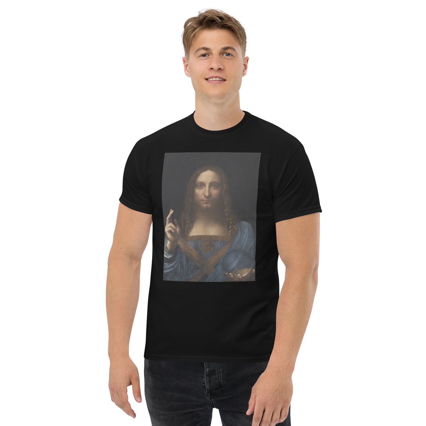 Model 2 - Da Vinci Salvator Mundi Men's Classic Tee – Sacred Vision, Masterful Style