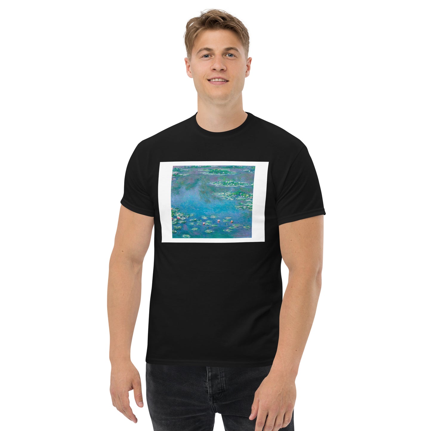 Model 2 - Monet Water Lilies Men's Classic Tee – Artistic Charm, Casual Luxury