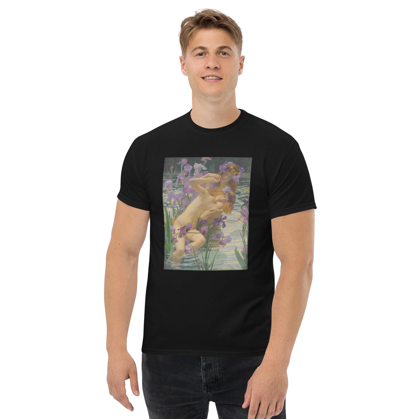 Model 2 - Les Iris Men's Classic Tee – Floral Elegance, Effortless Comfort