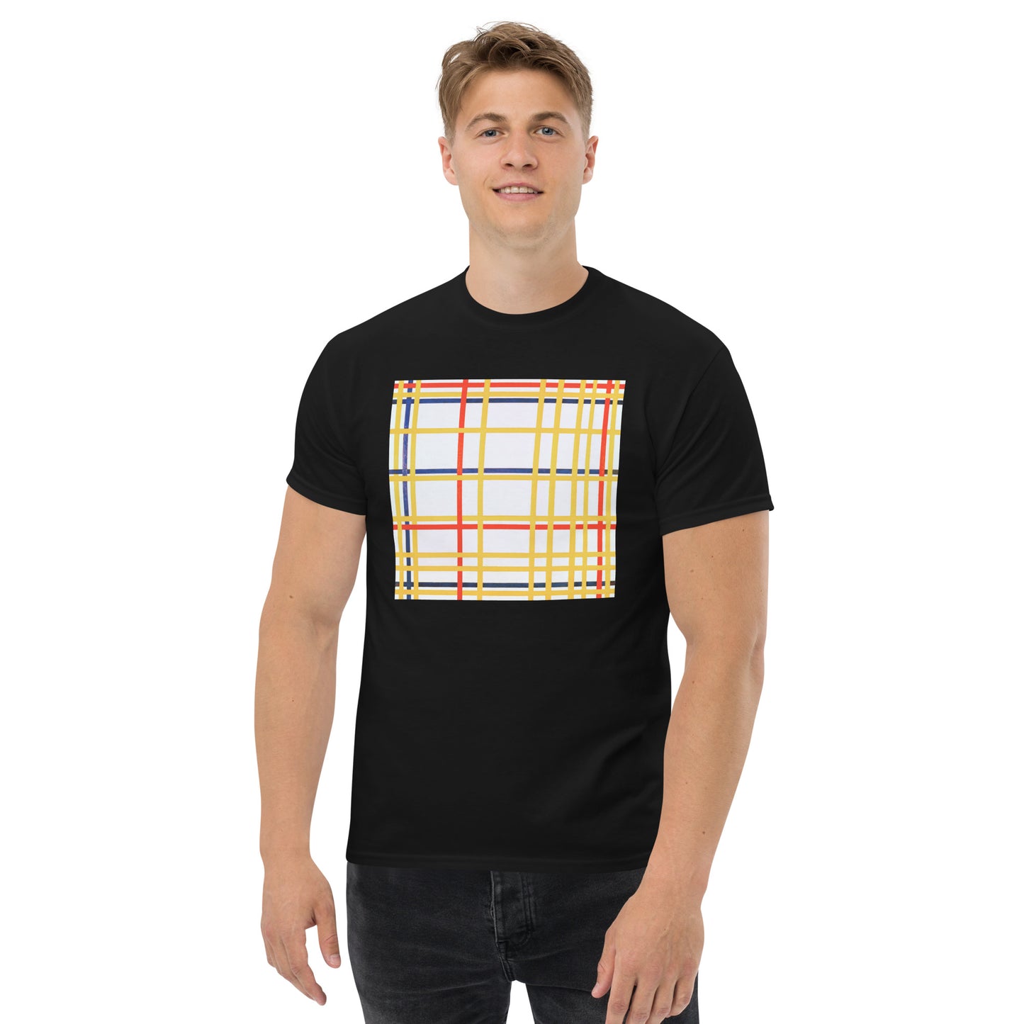 Model 2 - Mondrian New York Men's Classic Tee – Urban Abstract, Modern Comfort