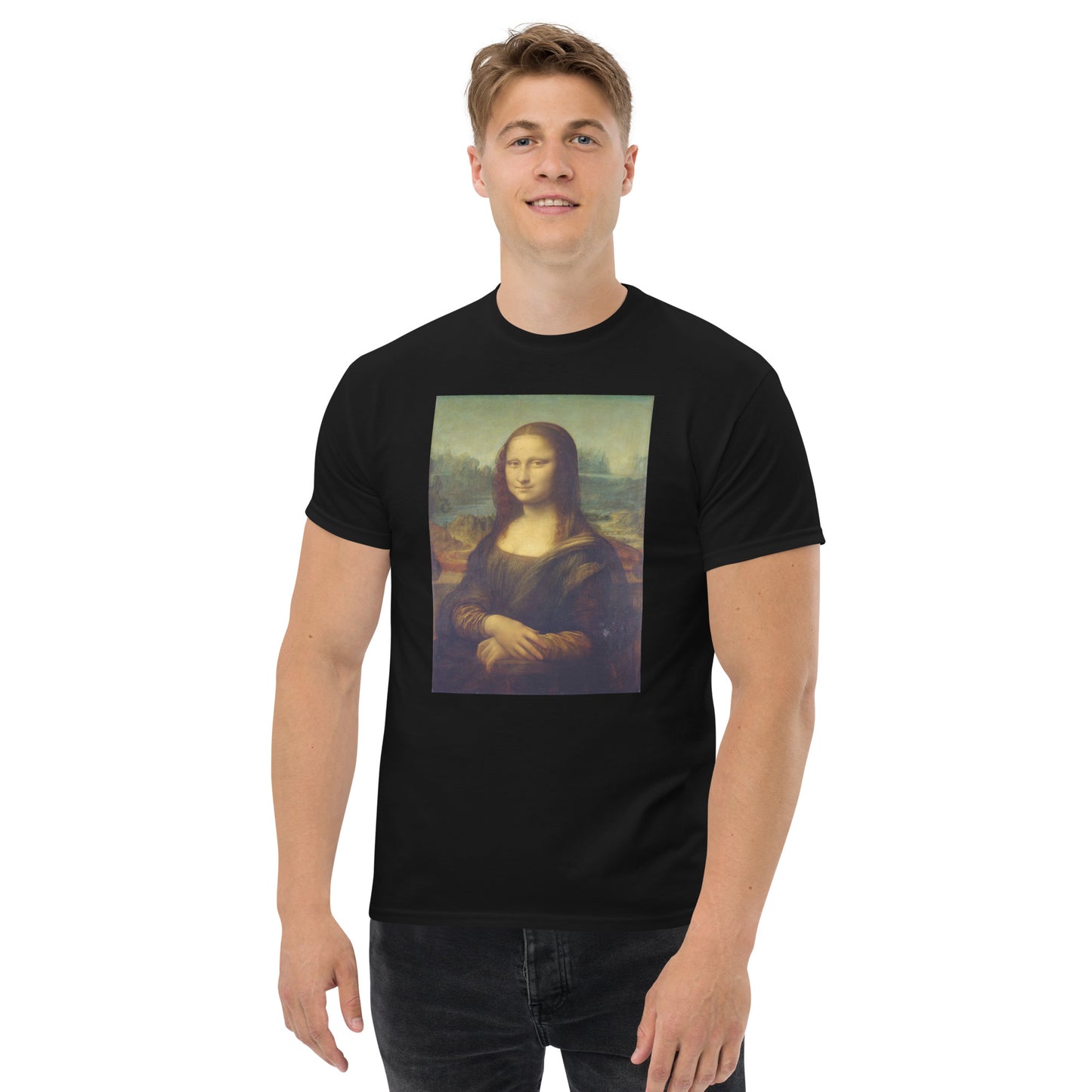 Model 2 - Da Vinci Mona Lisa Men's Tee – Iconic Art Meets Streetwear