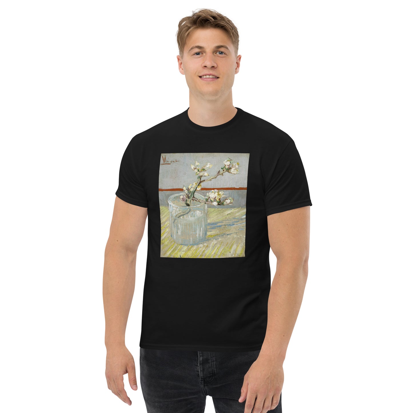 Model 2 - Almond Van Gogh Men's Classic Tee – Blossoms in Bold, Artistic Style