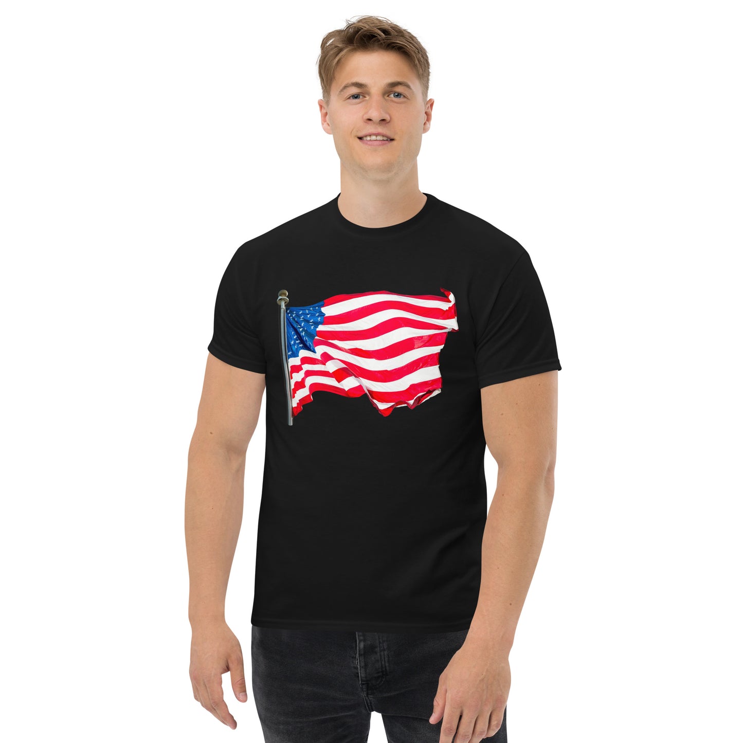Model 2 - American Flag Men's Classic Tee – Timeless Symbol, Artistic Edge