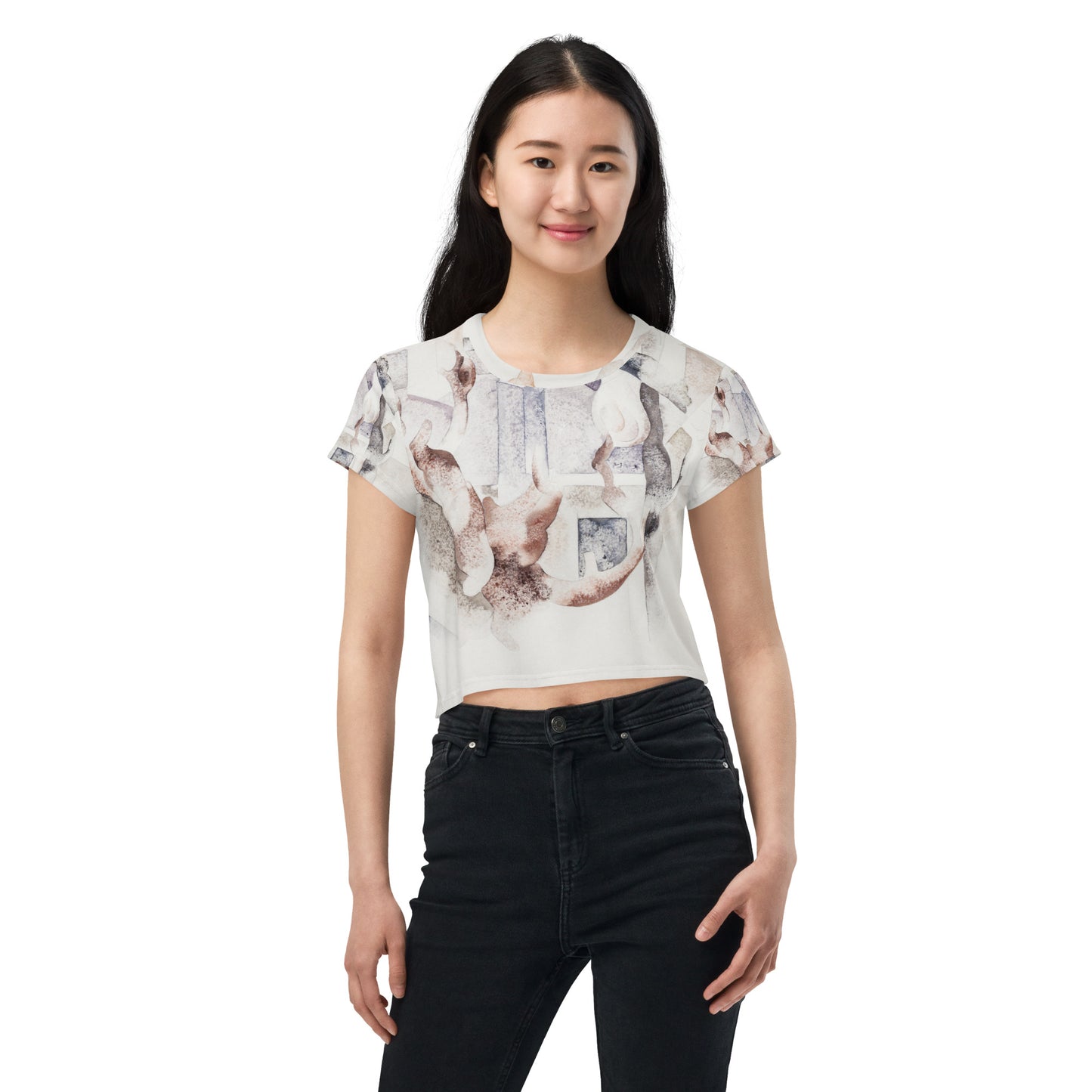 Model 2 - Charles Demuth All-Over Print Crop Tee – Bermuda Landscape Serenity