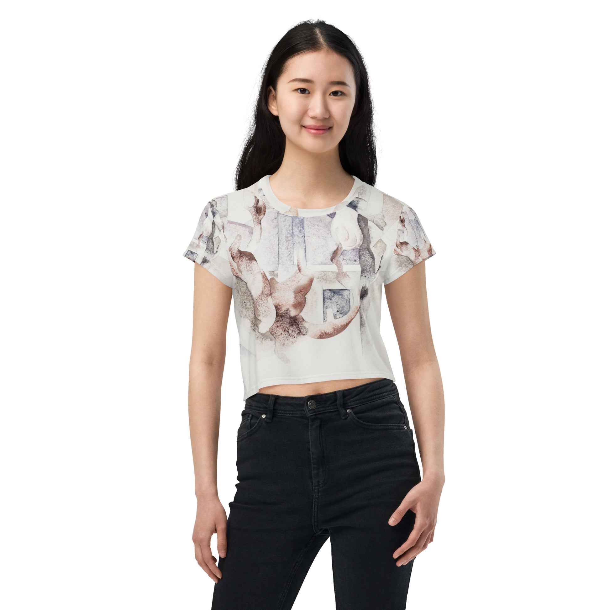 Model 2 - Charles Demuth All-Over Print Crop Tee – Bermuda Landscape Serenity