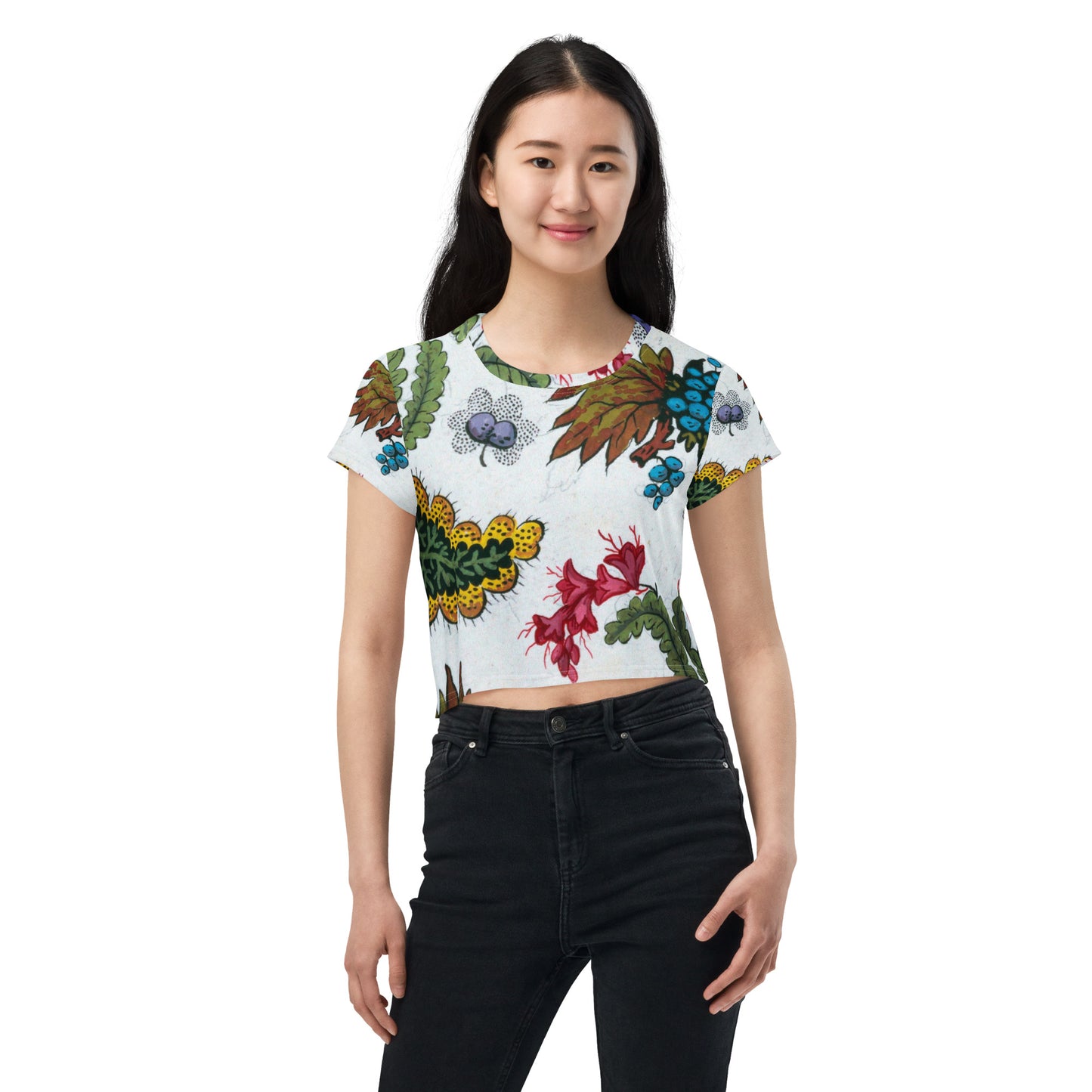 Model 2 - All-Over Print Crop Tee – Floral Drawing Artistry