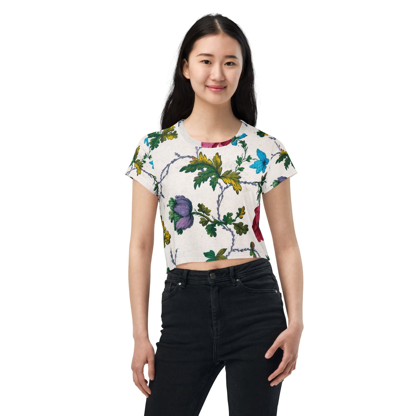 Model 2 - All-Over Print Crop Tee – Drawing Floral Design Elegance