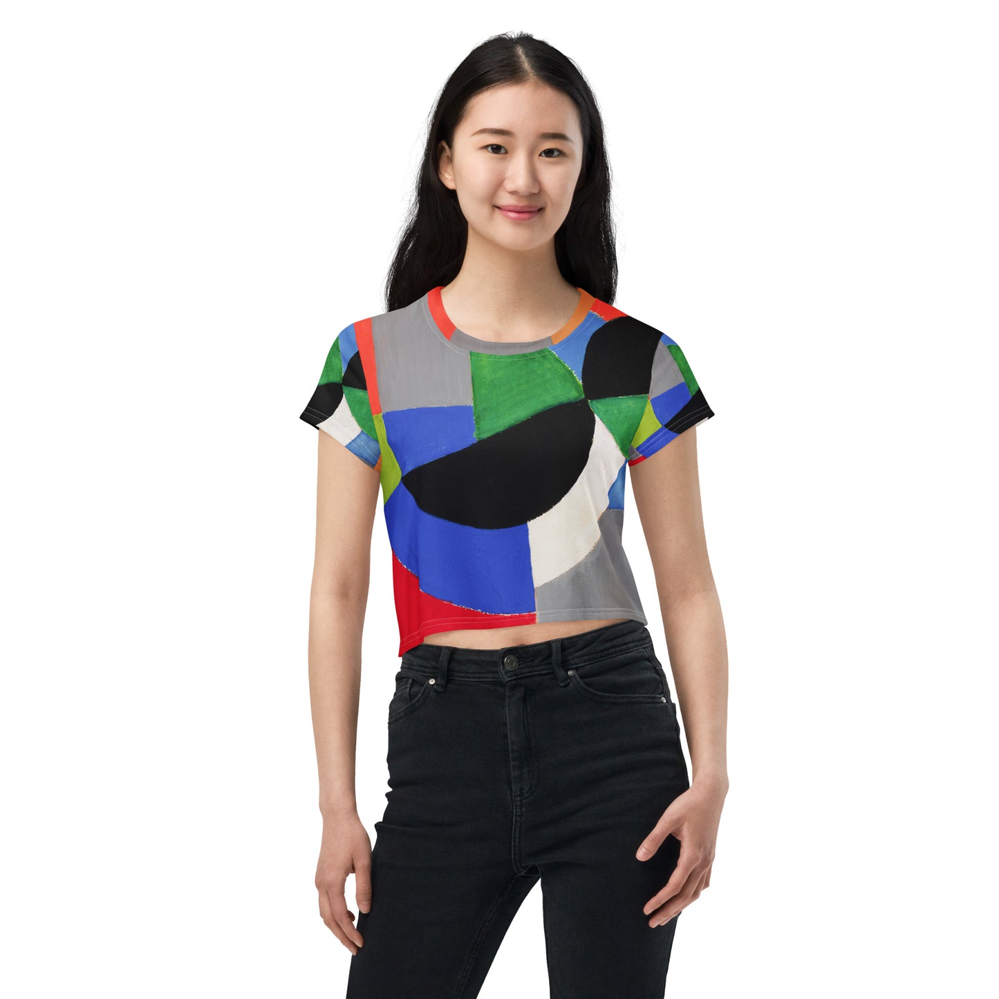 Model 2 - Sonia Delaunay All-Over Print Crop Tee – Rhythmic Color Energy