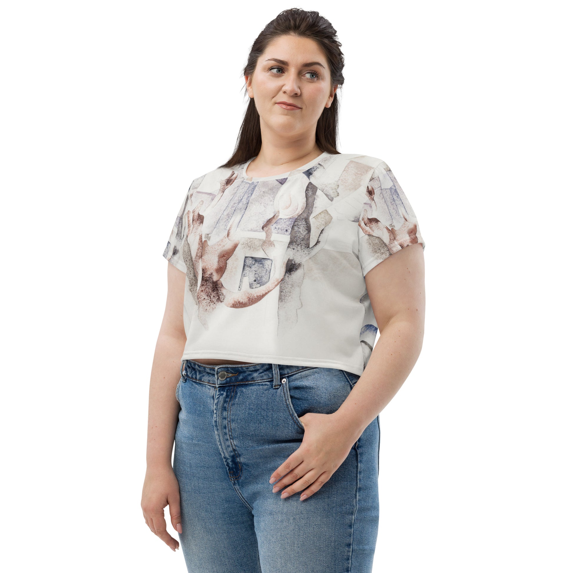 Model 1 - Charles Demuth All-Over Print Crop Tee – Bermuda Landscape Serenity
