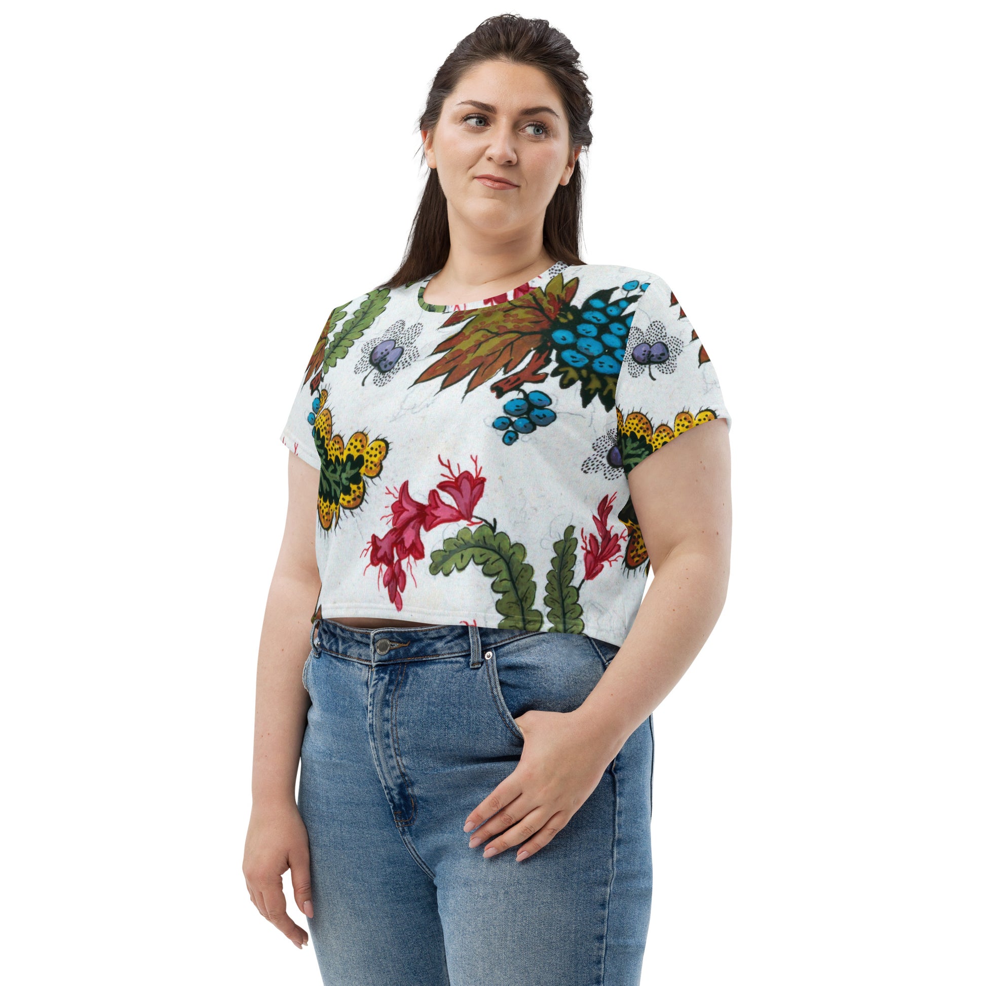Model 1 - All-Over Print Crop Tee – Floral Drawing Artistry