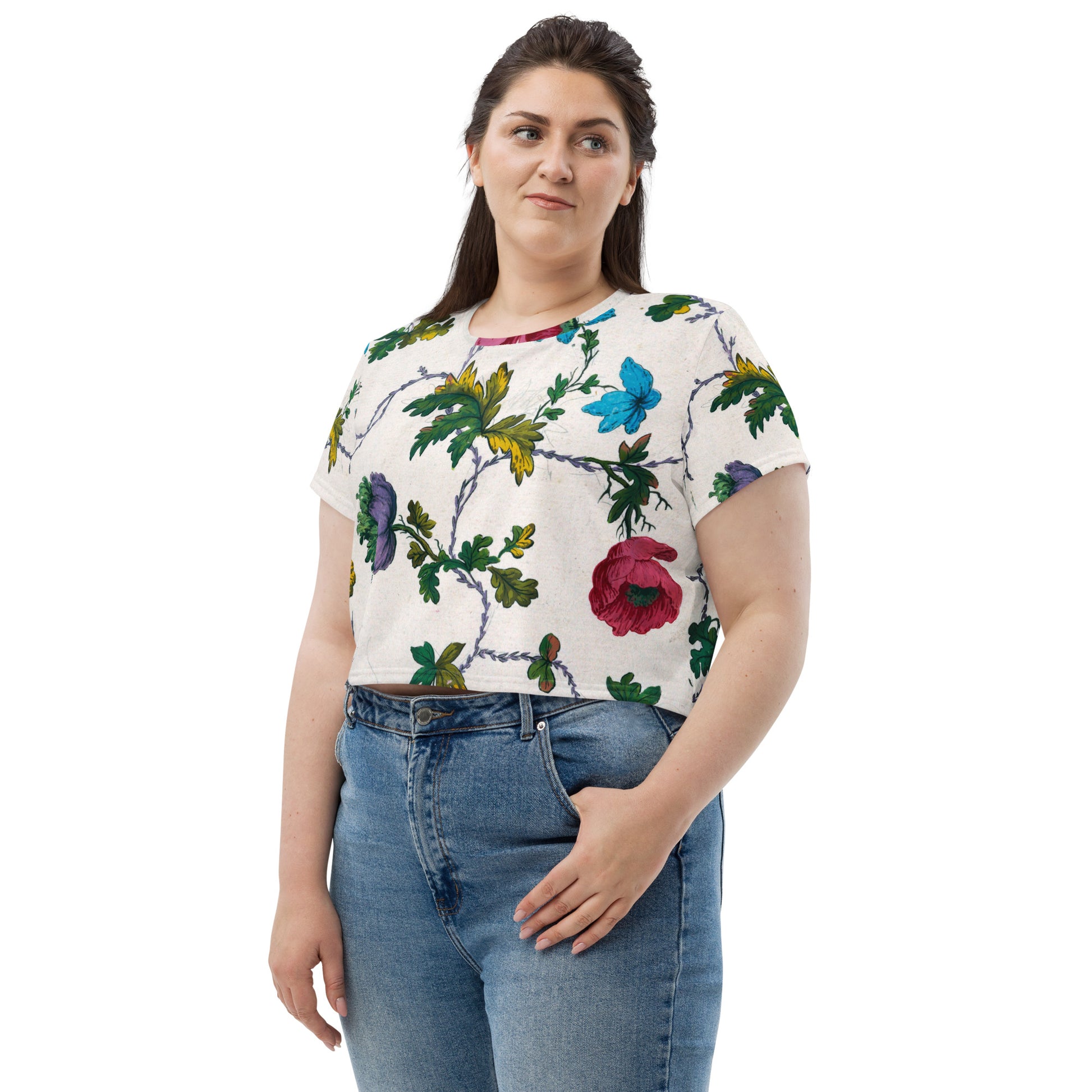 Model 1 - All-Over Print Crop Tee – Drawing Floral Design Elegance
