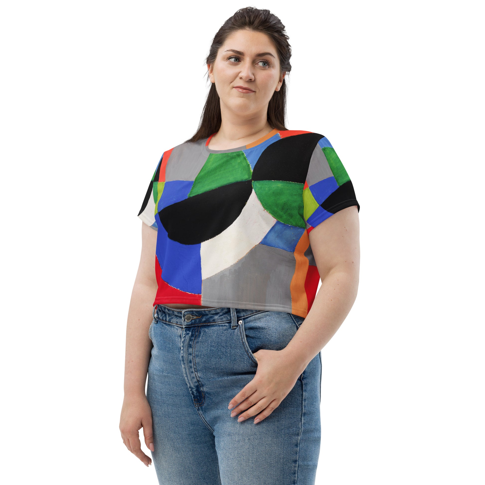 Model 1 - Sonia Delaunay All-Over Print Crop Tee – Rhythmic Color Energy