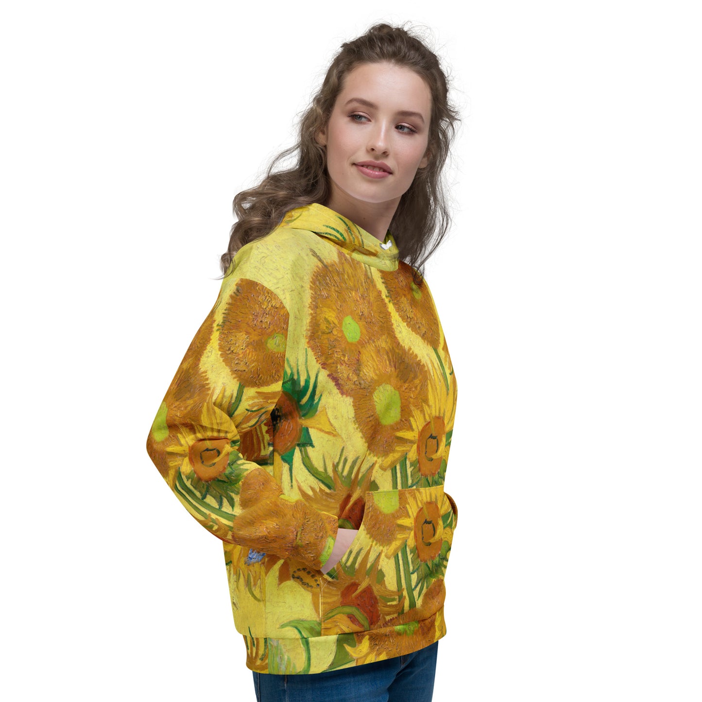 Model 1 - Van Gogh Unisex Hoodie – Sunflowers in a Vase, Worn Boldly