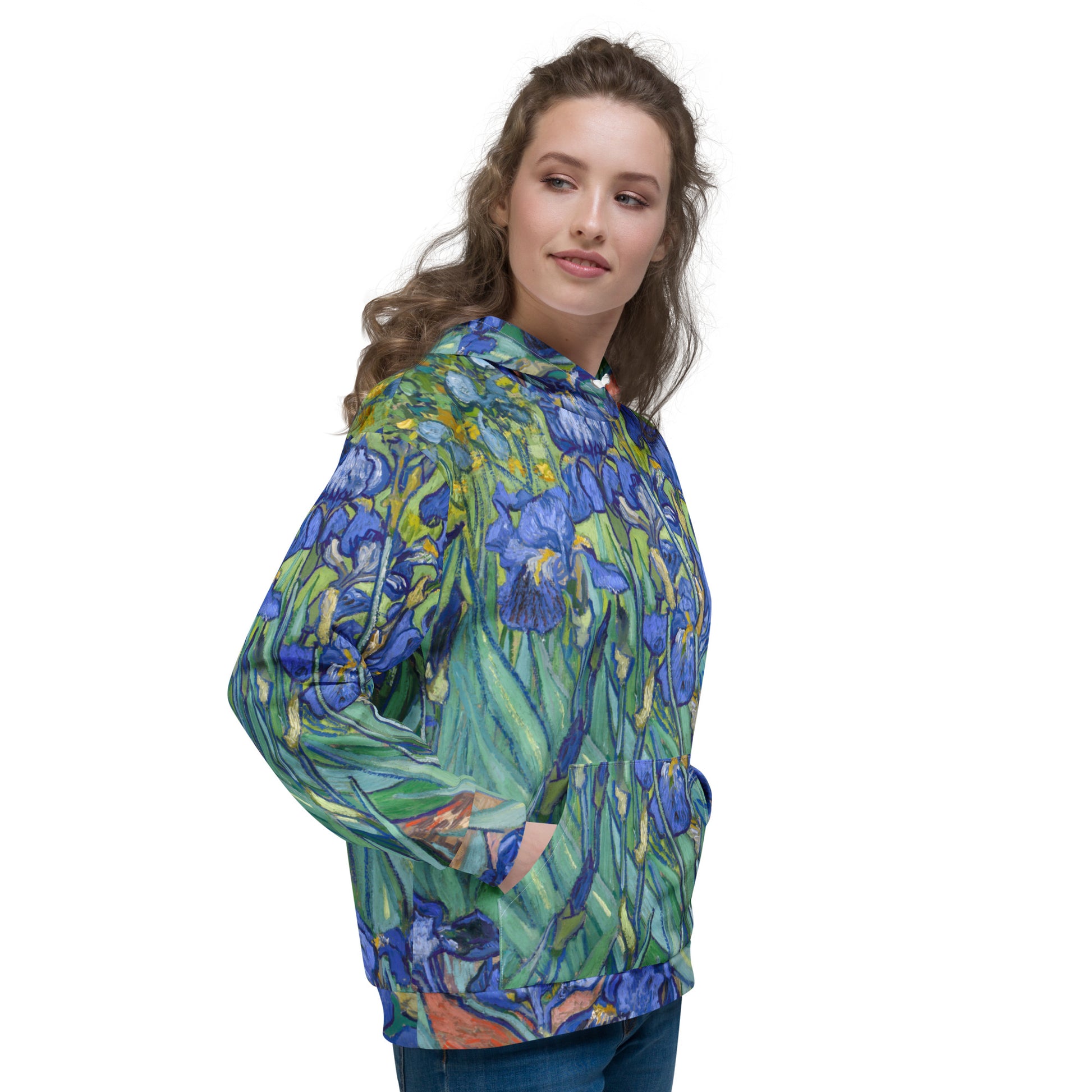 Model 1 - Van Gogh Field Irises Unisex Hoodie – Impressionist Flair in Streetwear