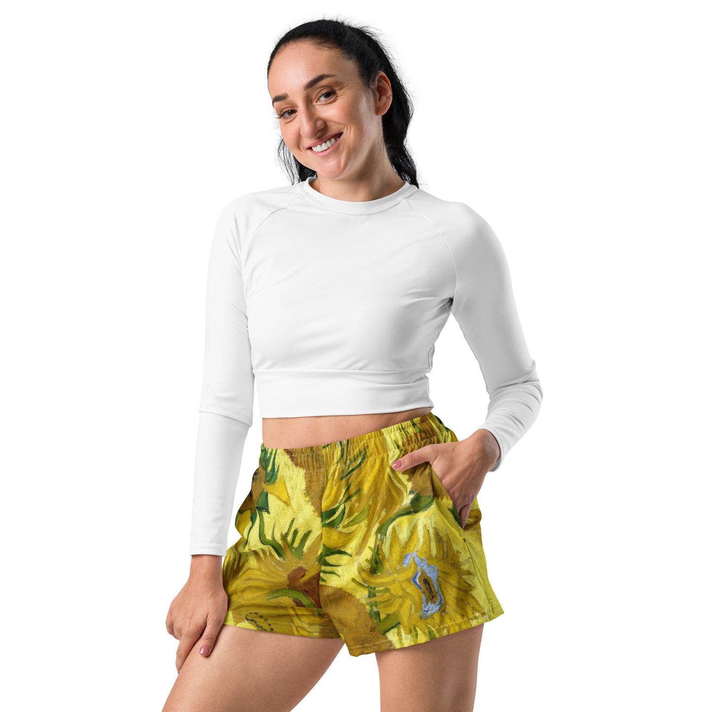 Model - Vincent van Gogh Women’s Athletic Short Shorts – Sunflowers Radiance
