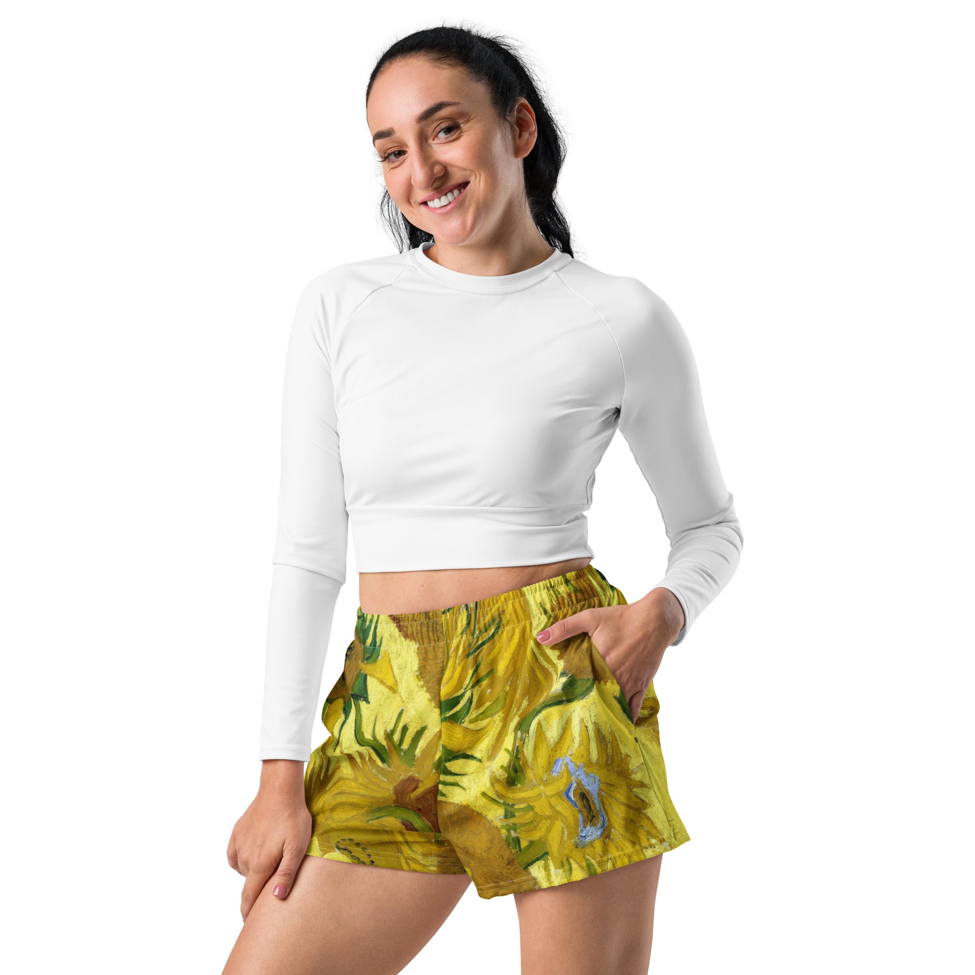 Model - Vincent van Gogh Women’s Athletic Short Shorts – Sunflowers Radiance
