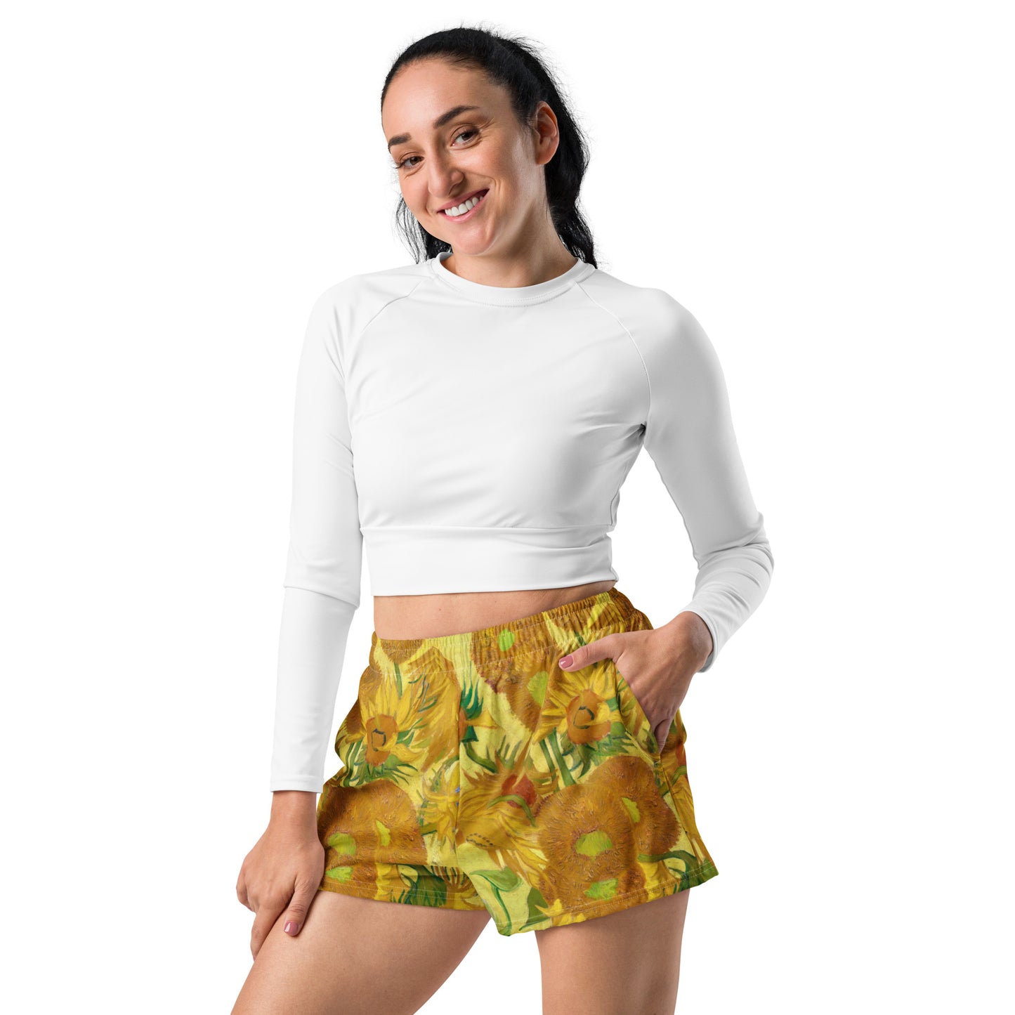 Model - Vincent van Gogh Women’s Athletic Short Shorts – Sunflowers in Vase