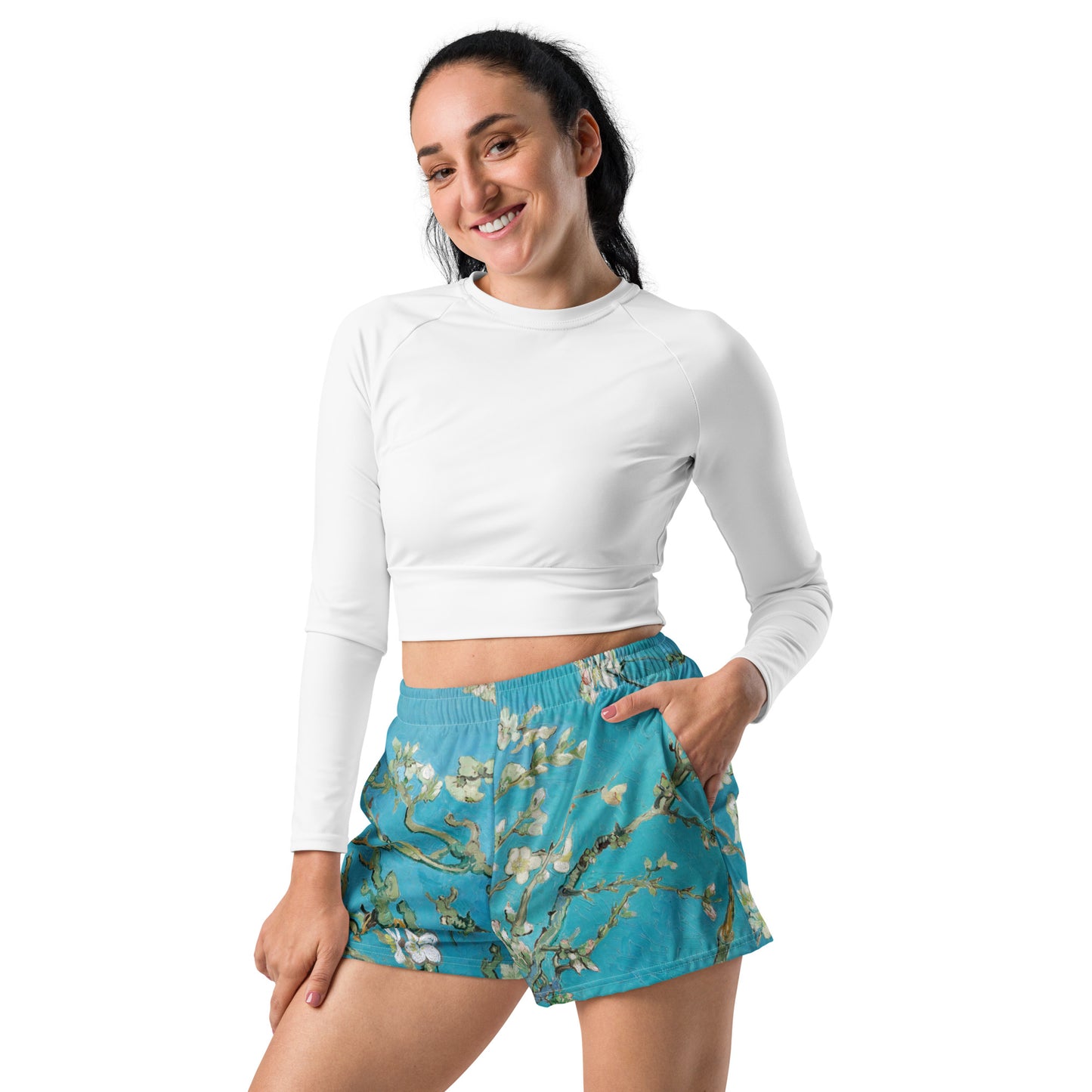 Model - Vincent van Gogh Women’s Athletic Shorts – Almond Blossom Grace
