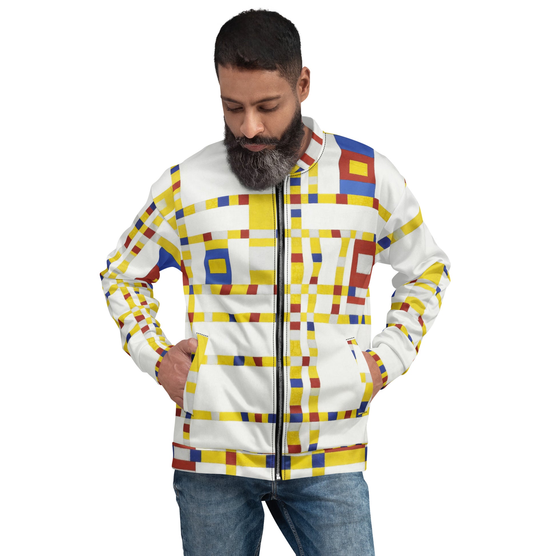 Model 2 - Mondriaan Unisex Bomber Jacket – Broadway Boogie Woogie Rhythm